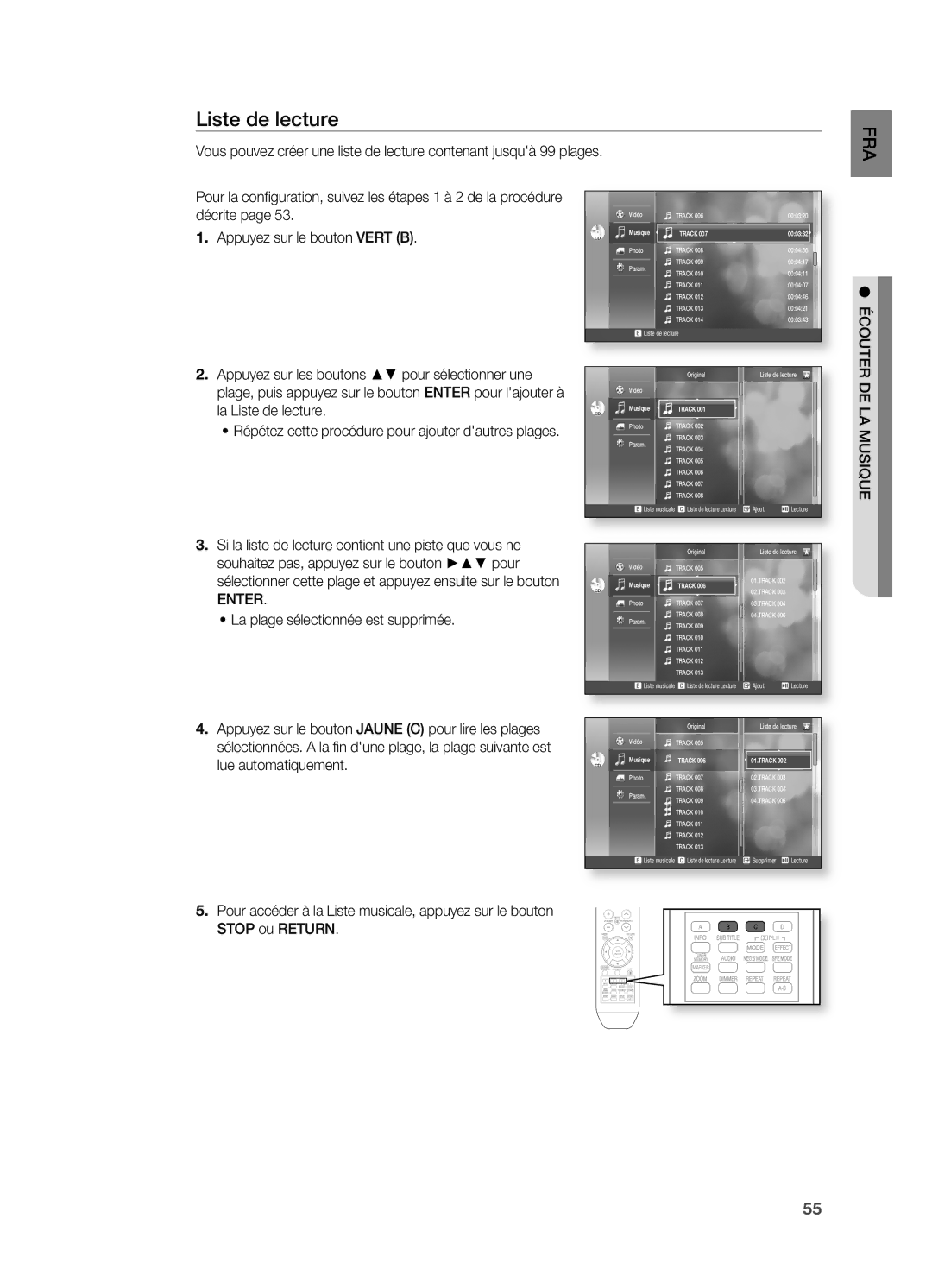 Samsung HT-BD2ER/XEF manual Liste de lecture, Écouter DE LA Musique, Enter 