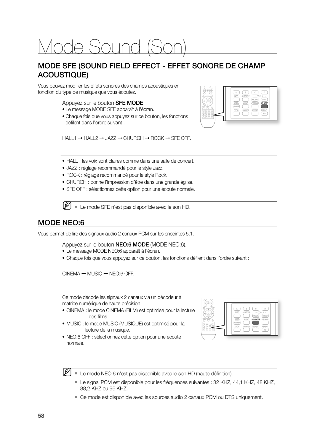 Samsung HT-BD2ER/XEF Mode Sound Son, Mode nEO6, Appuyez sur le bouton SFE Mode, Appuyez sur le bouton nEO6 Mode Mode NEO6 