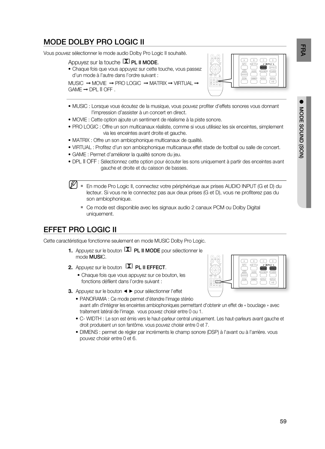 Samsung HT-BD2ER/XEF manual Mode Dolby PRO Logic, Effet PRO Logic, Appuyez sur la touche PL II Mode, Mode SOUnD SOn 