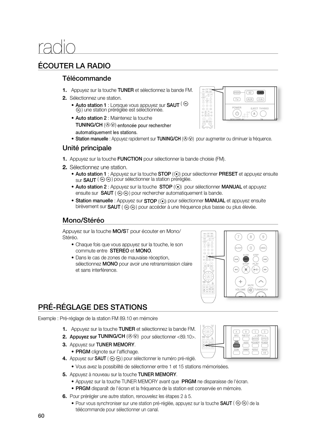 Samsung HT-BD2ER/XEF manual Écouter LA Radio, PRÉ-RÉGLAGE DES STATIOnS 