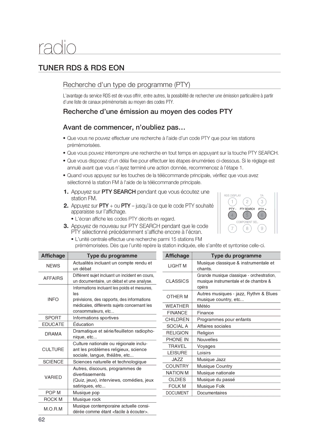 Samsung HT-BD2ER/XEF manual Recherche dun type de programme PTY, ’écran affiche les codes PTY décrits en regard 