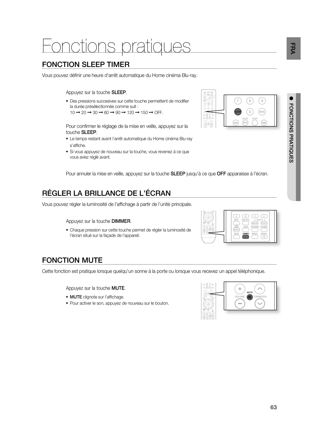 Samsung HT-BD2ER/XEF manual Fonctions pratiques, FOnCTIOn Sleep Timer, Régler LA BRILLAnCE DE L’ÉCRAn, FOnCTIOn Mute 