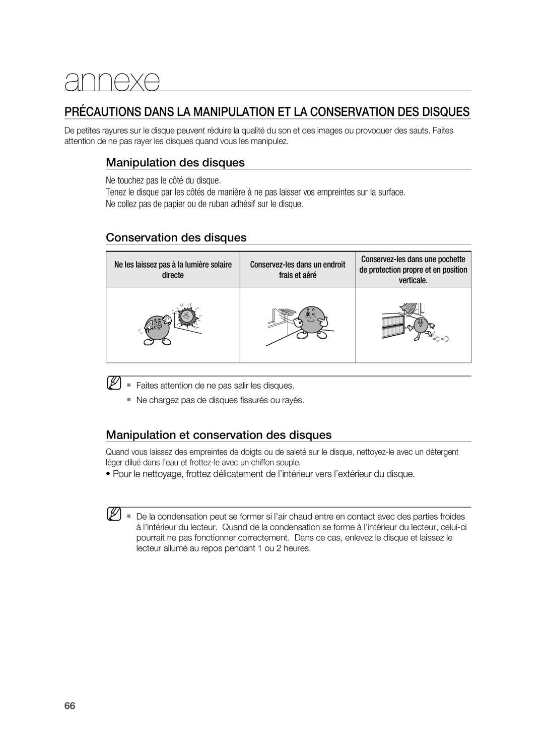 Samsung HT-BD2ER/XEF Annexe, Manipulation des disques, Conservation des disques, Manipulation et conservation des disques 