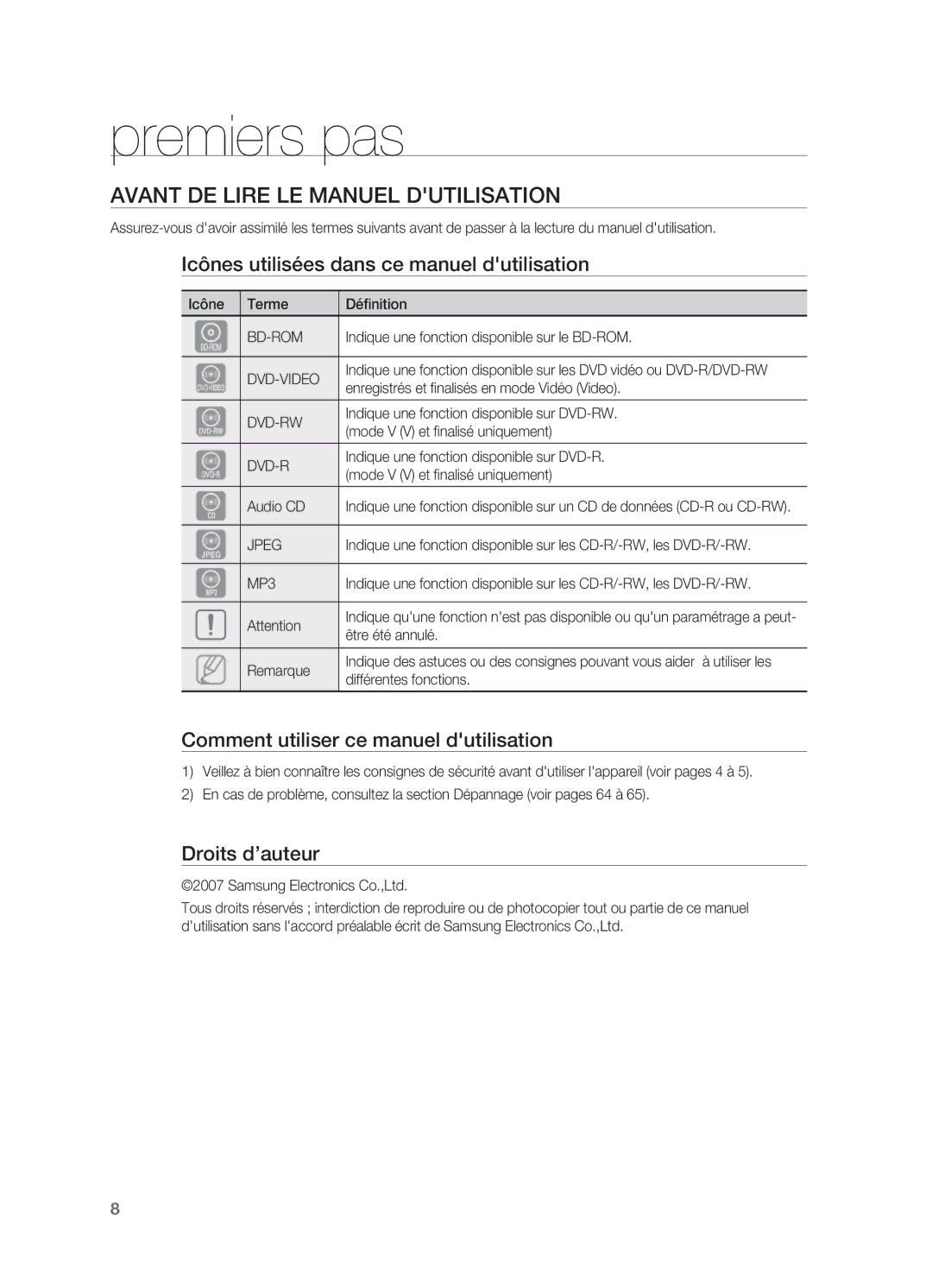 Samsung HT-BD2ER/XEF Premiers pas, Avant de lire le manuel dutilisation, Icônes utilisées dans ce manuel dutilisation 