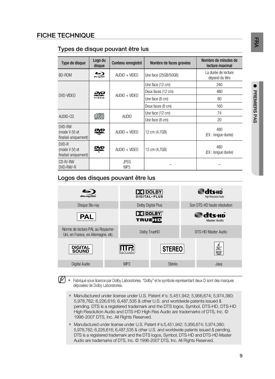 Samsung HT-BD2ER/XEF manual Fiche technique, Types de disque pouvant être lus, Logos des disques pouvant être lus 