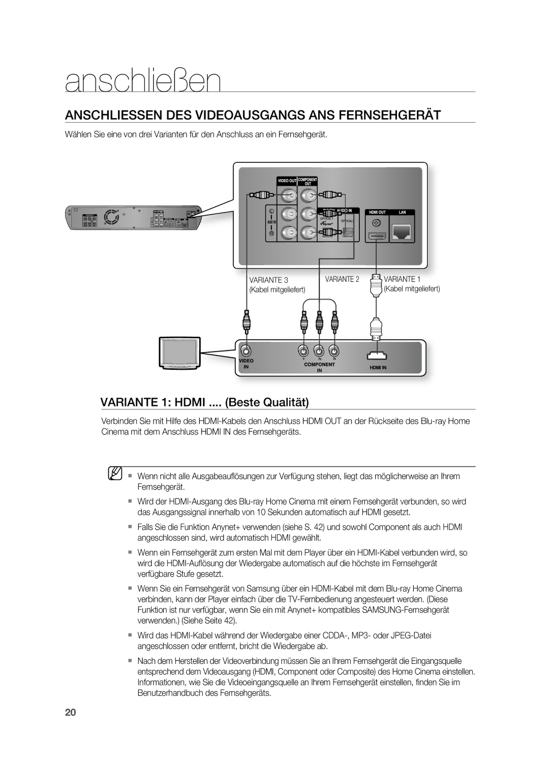 Samsung HT-BD2ER/XEF manual Anschliessen DES Videoausgangs ANS Fernsehgerät, Variante 1 Hdmi .... Beste Qualität 