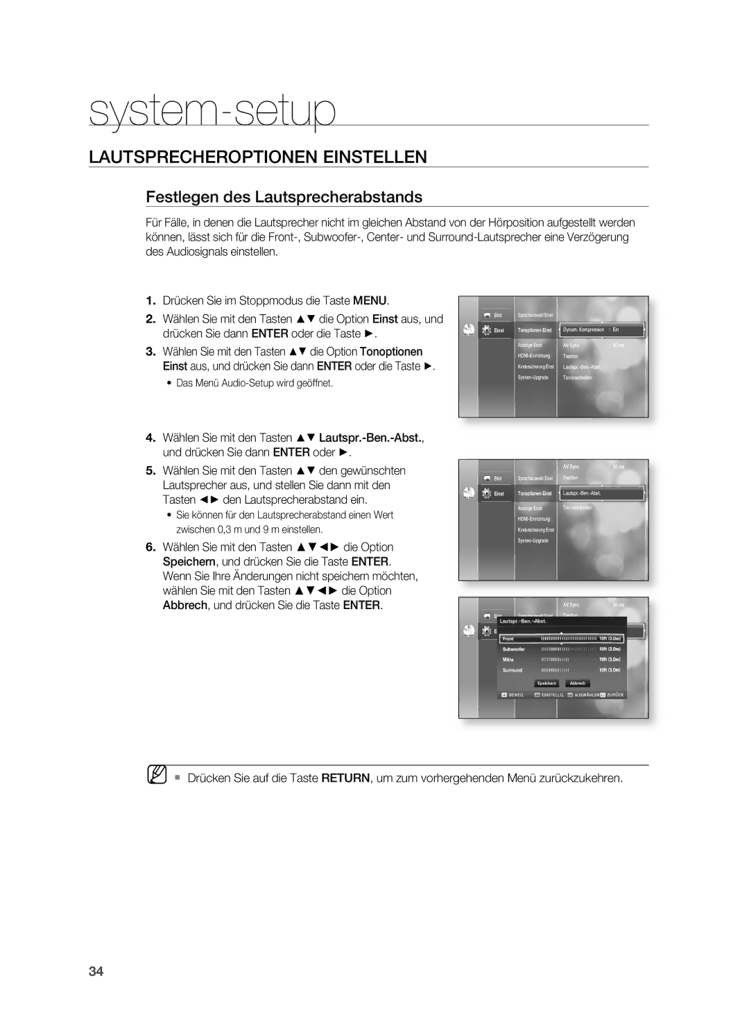 Samsung HT-BD2ER/XEF manual Festlegen des Lautsprecherabstands 