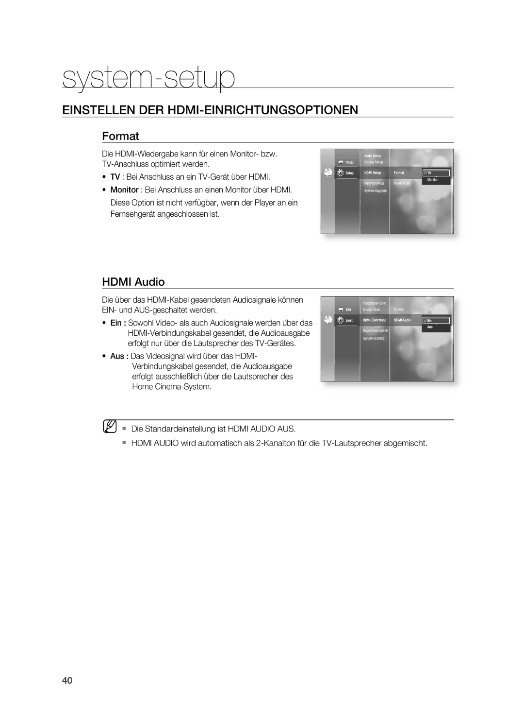 Samsung HT-BD2ER/XEF manual Format, Hdmi Audio, Die über das HDMI-Kabel gesendeten Audiosignale können 