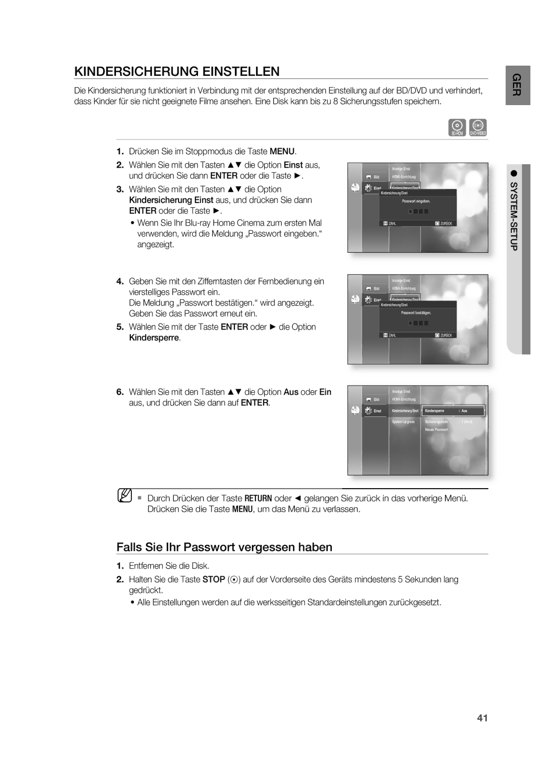 Samsung HT-BD2ER/XEF manual Kindersicherung Einstellen, Falls Sie Ihr Passwort vergessen haben 