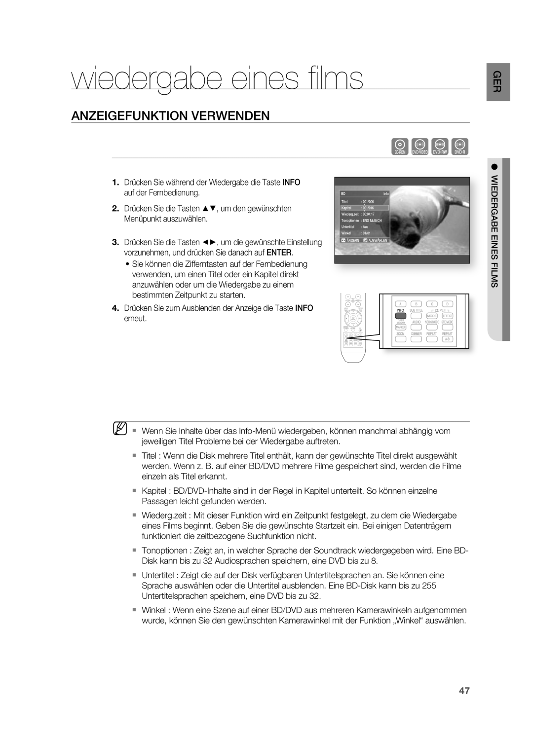 Samsung HT-BD2ER/XEF manual Wiedergabe eines ﬁ lms, ANzEIGEFUNKTION Verwenden, Wiedergabe Eines Films 