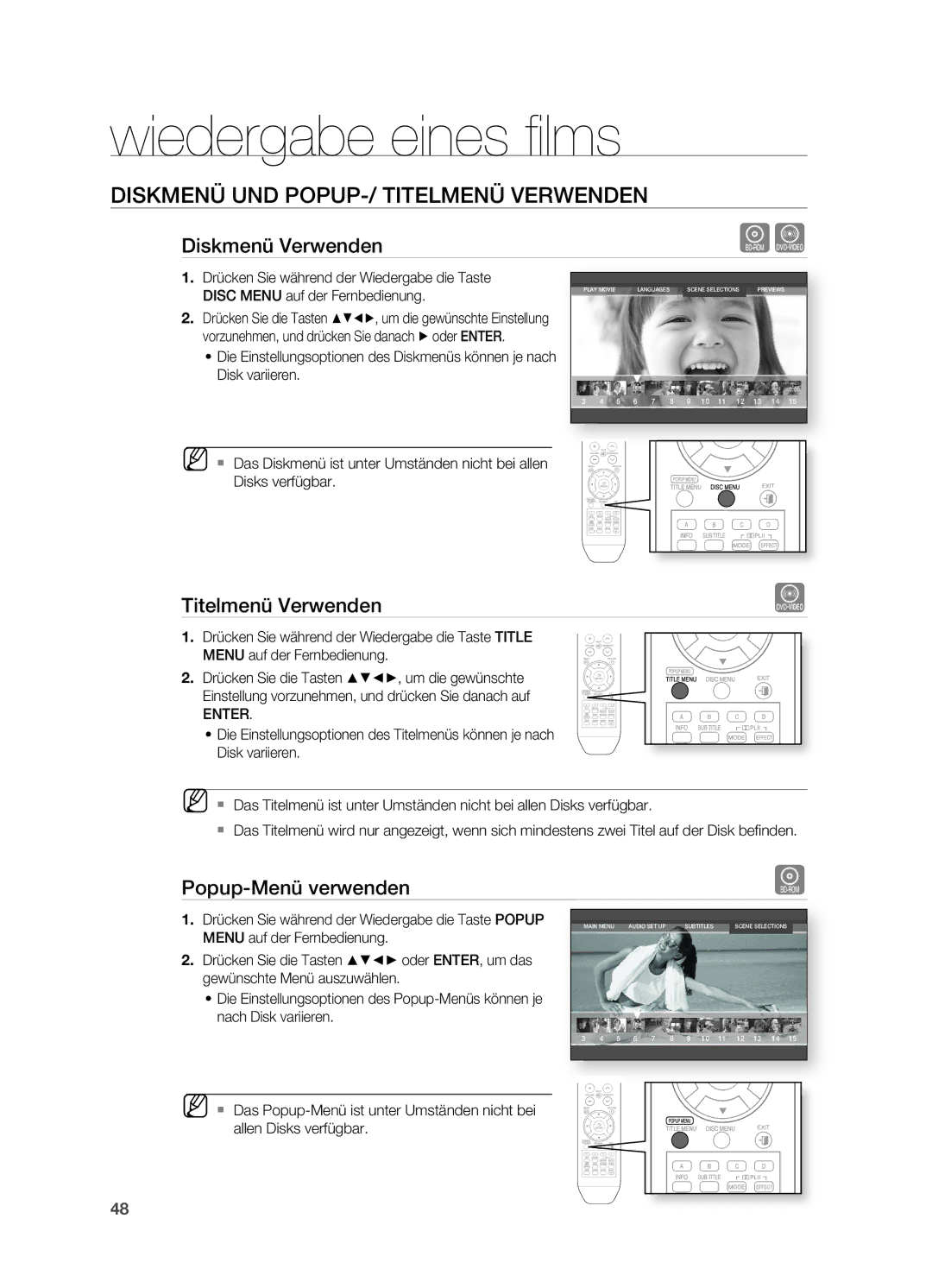 Samsung HT-BD2ER/XEF manual DISKMENü UND POPUP-/ TITELMENü Verwenden, Diskmenü Verwenden, Titelmenü Verwenden, Enter 