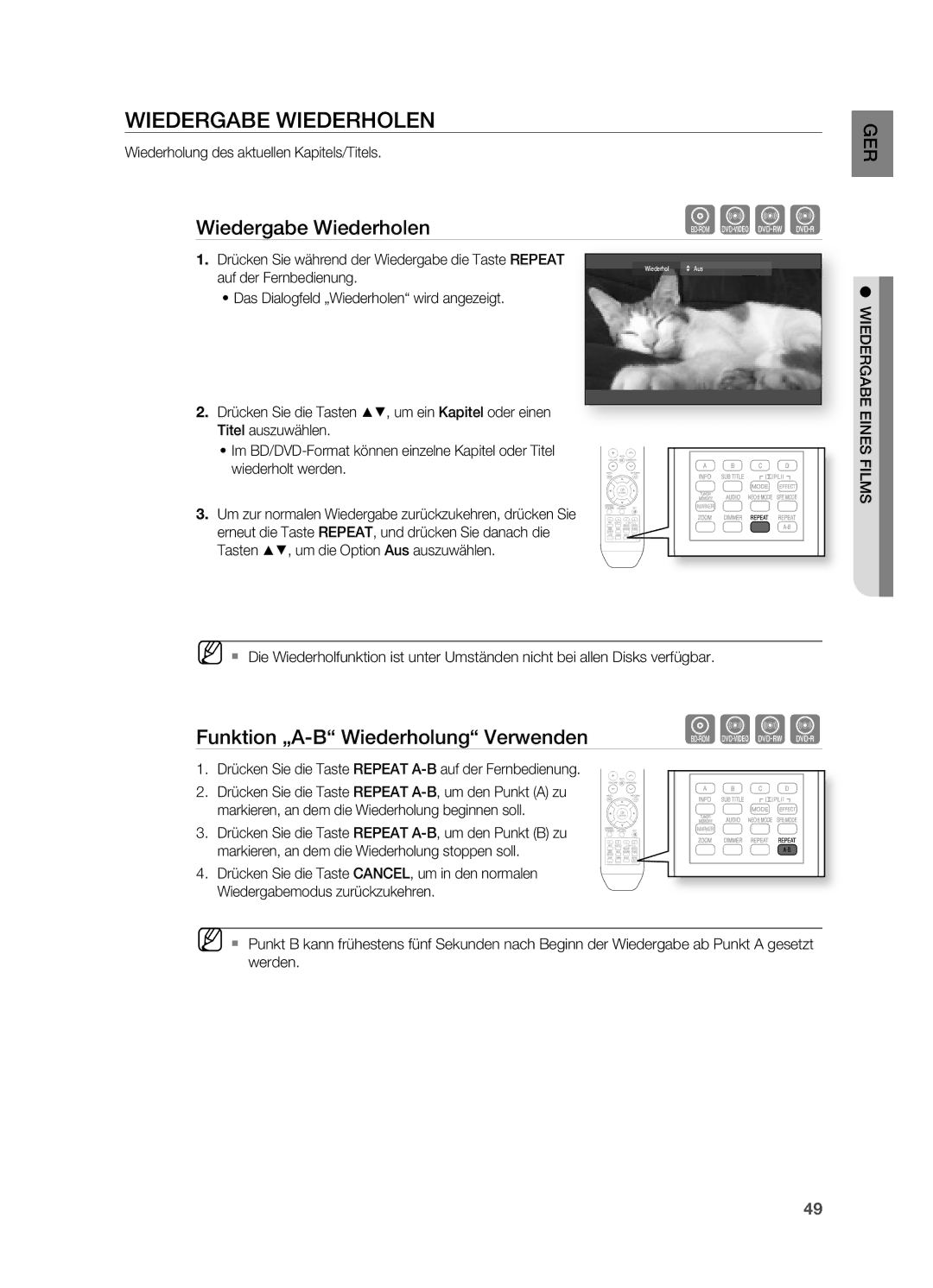 Samsung HT-BD2ER/XEF manual Wiedergabe Wiederholen, Funktion „A-B Wiederholung Verwenden 