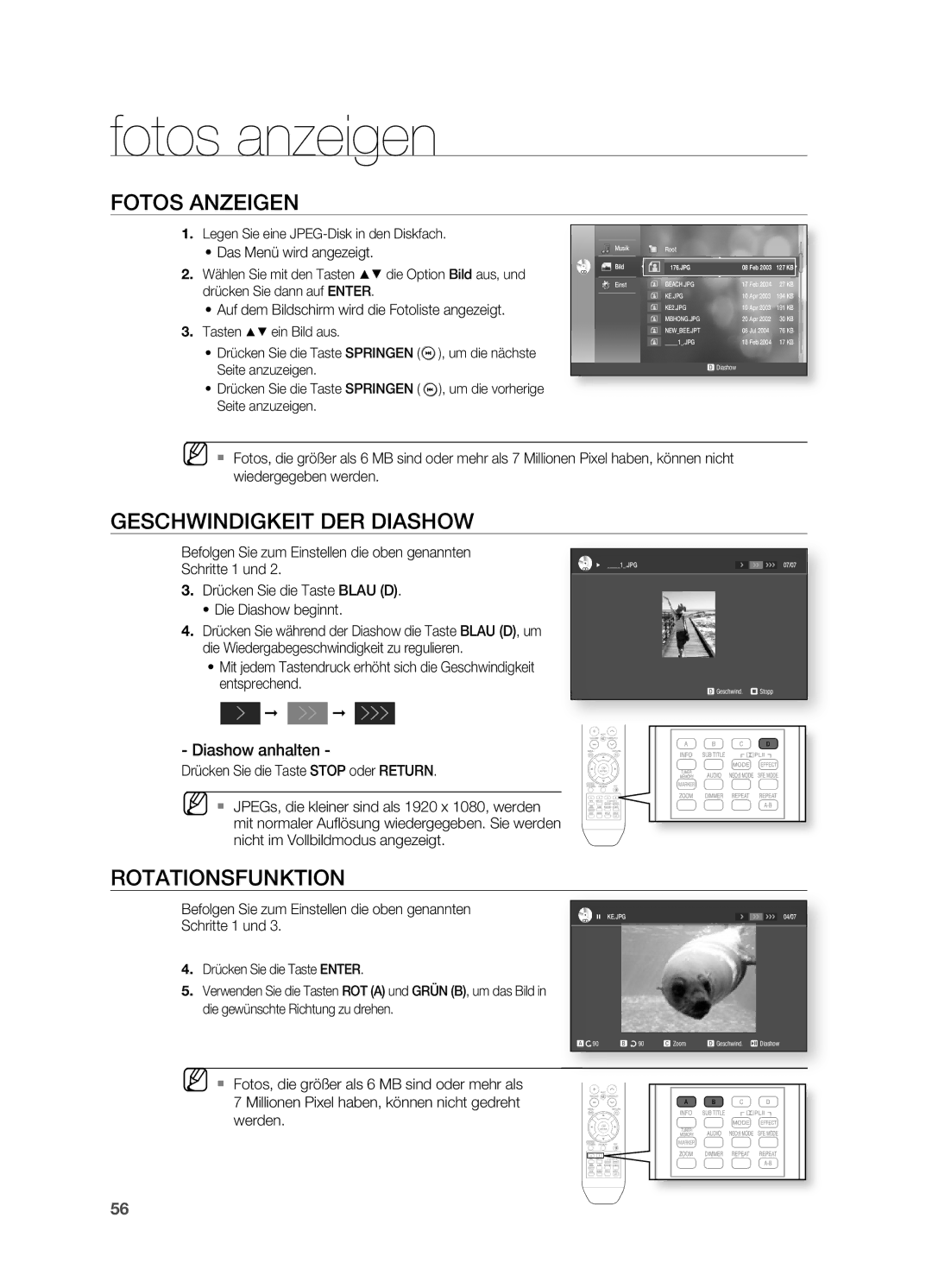 Samsung HT-BD2ER/XEF Fotos anzeigen, Fotos ANzEIGEN, Geschwindigkeit DER Diashow, Rotationsfunktion, Diashow anhalten 