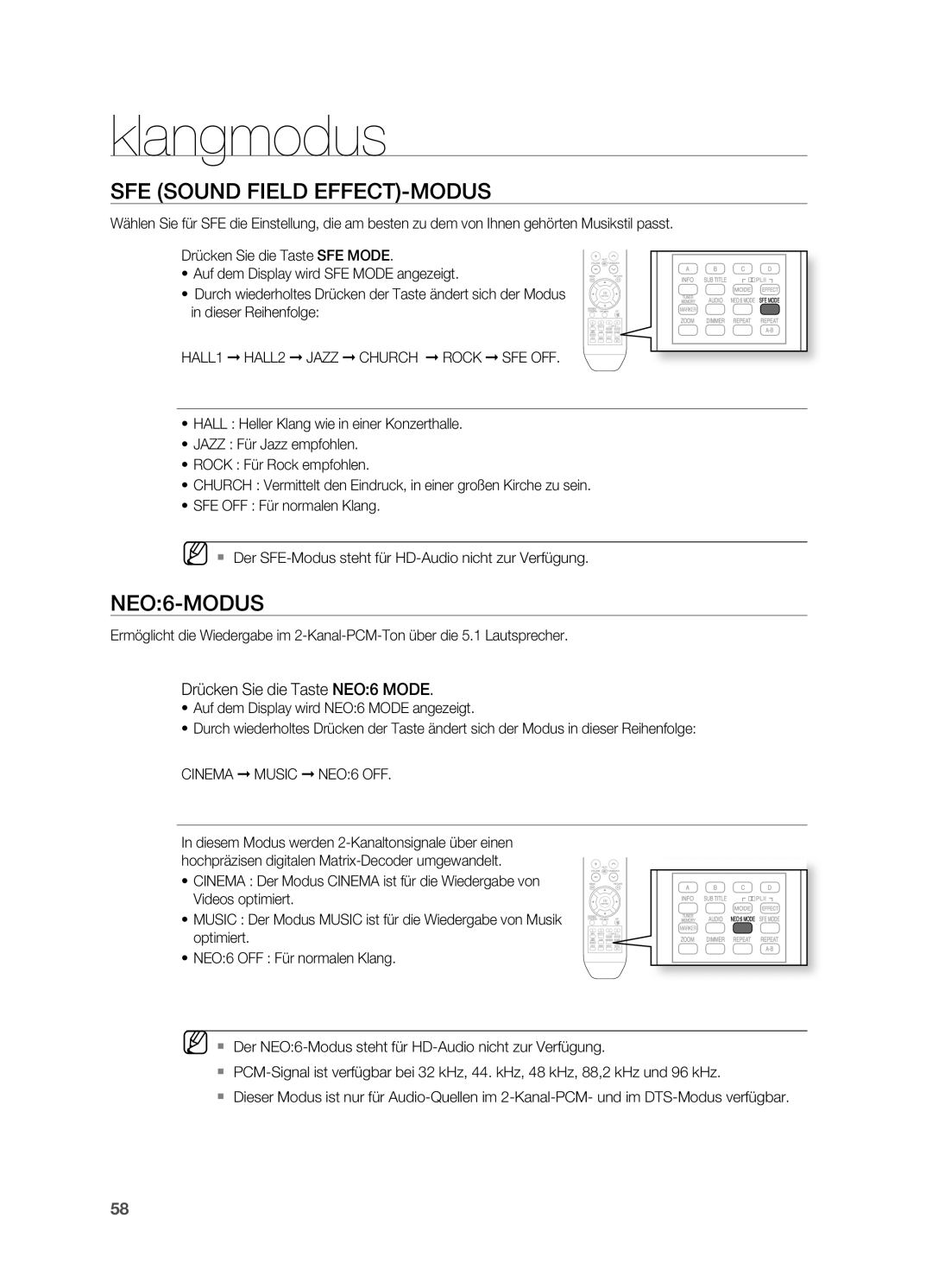 Samsung HT-BD2ER/XEF manual Klangmodus, SFE Sound Field EFFECT-MODUS, NEO6-MODUS, Drücken Sie die Taste NEO6 Mode 