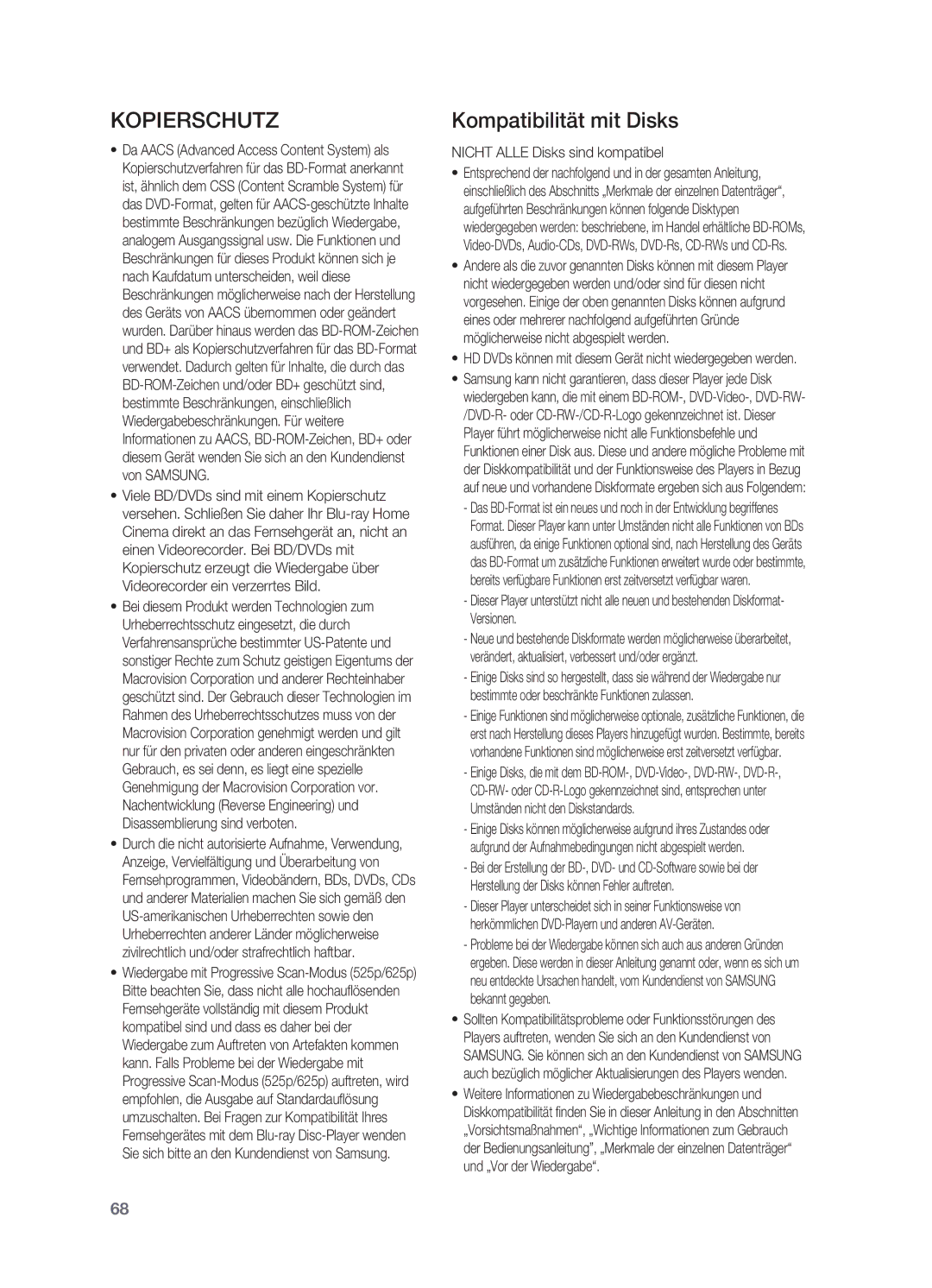 Samsung HT-BD2ER/XEF manual Kopierschutz, Kompatibilität mit Disks, Nicht Alle Disks sind kompatibel 