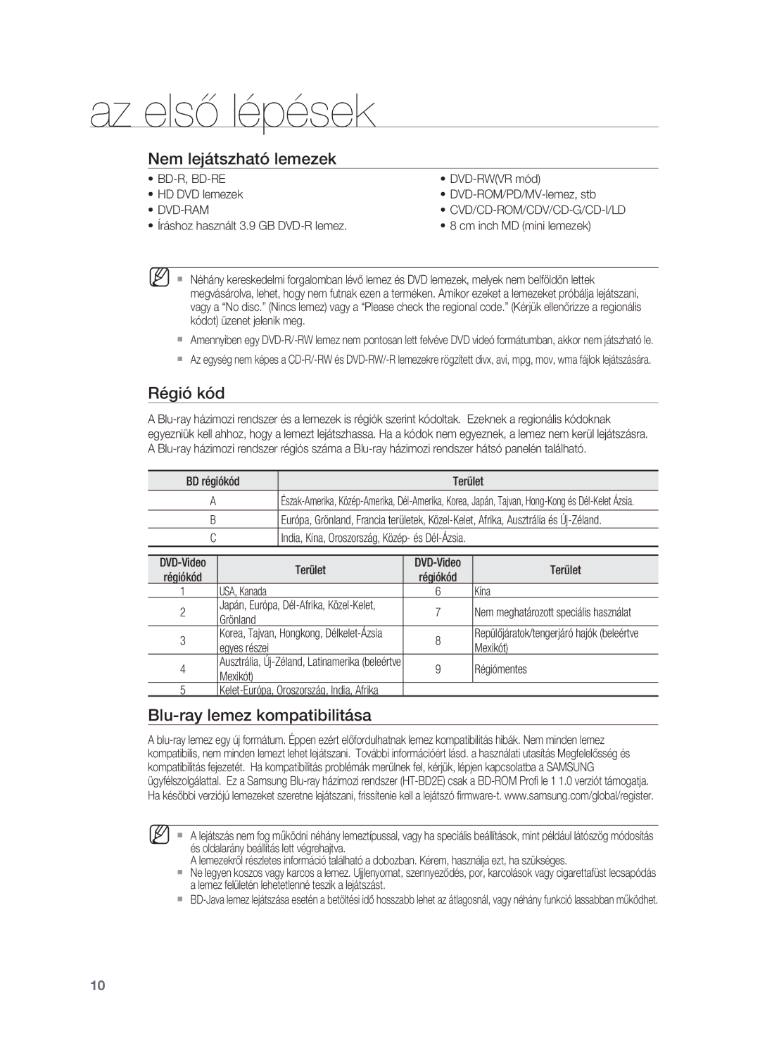 Samsung HT-BD2ER/XEE, HT-BD2ER/XET, HT-BD2ER/EDC Nem lejátszható lemezek, Régió kód, Blu-ray lemez kompatibilitása, Dvd-Ram 