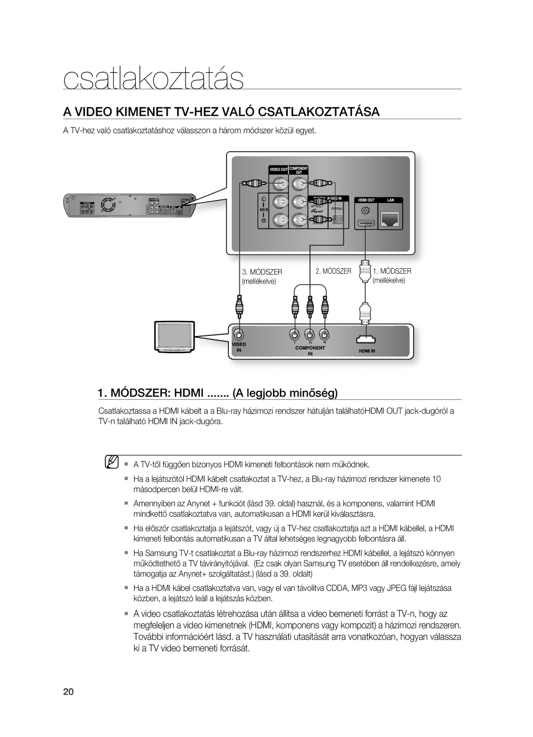 Samsung HT-BD2ER/EDC, HT-BD2ER/XET, HT-BD2ER/XEE manual Video Kimenet TV-HEZ Való Csatlakoztatása, Legjobb minőség 