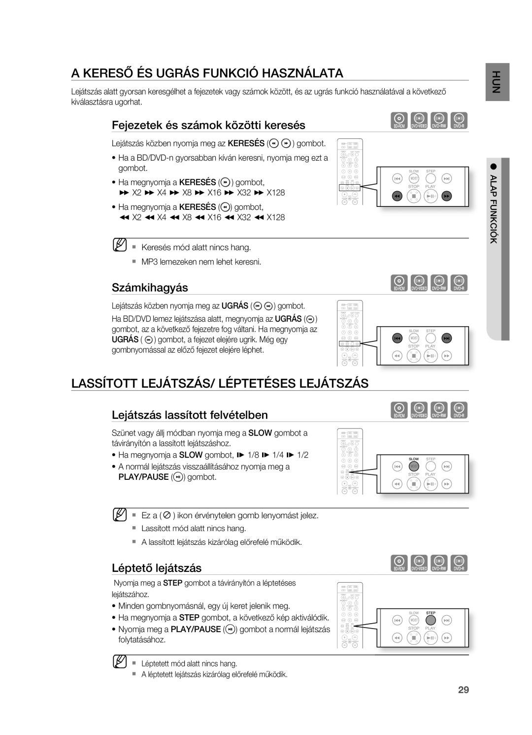 Samsung HT-BD2ER/EDC, HT-BD2ER/XET manual KERESő ÉS Ugrás FUNKCIó Használata, LASSíTOTT LEJÁTSZÁS/ Léptetéses Lejátszás 