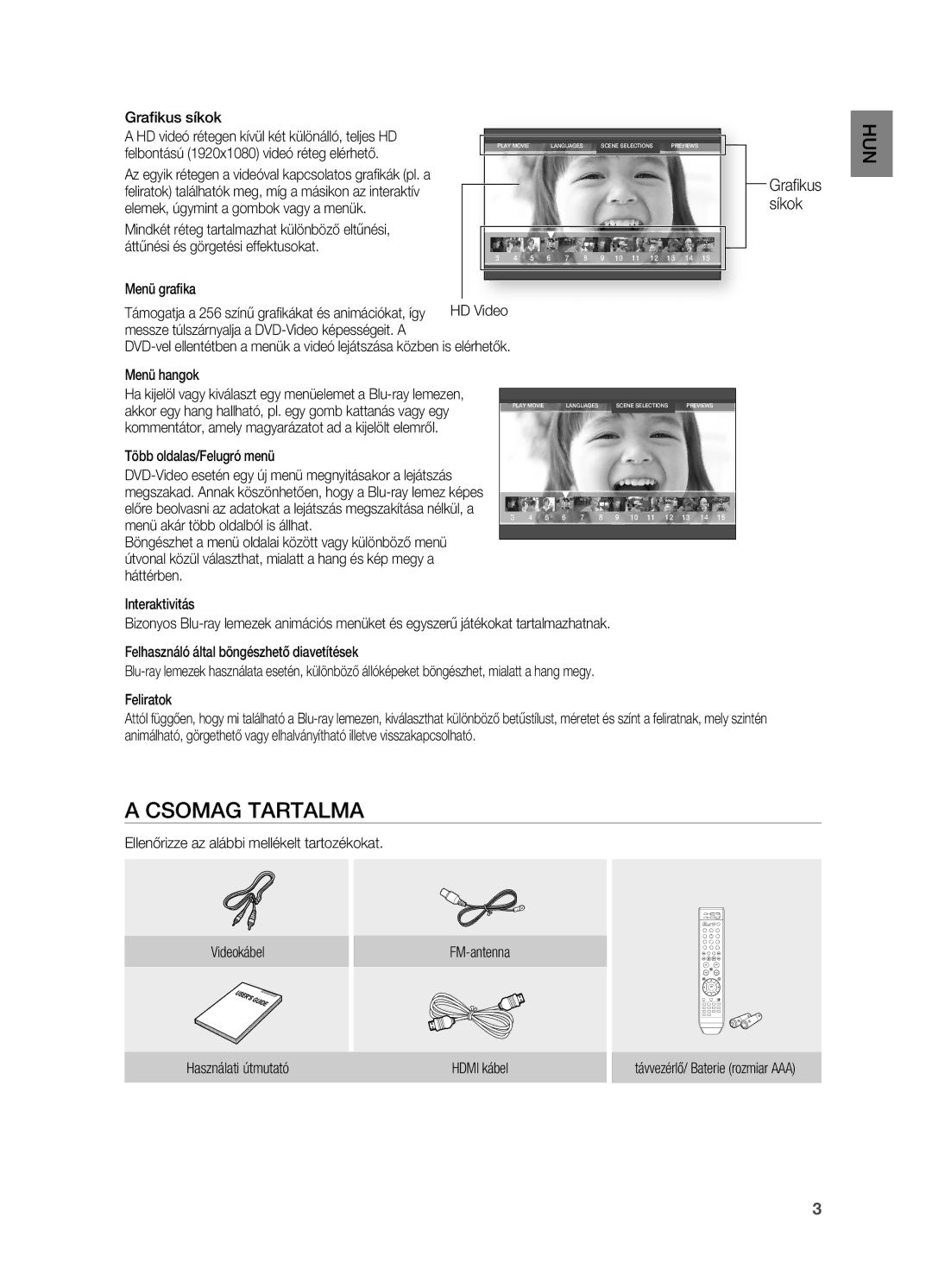 Samsung HT-BD2ER/XET manual Csomag Tartalma, Menü hangok, Több oldalas/Felugró menü, Menü akár több oldalból is állhat 