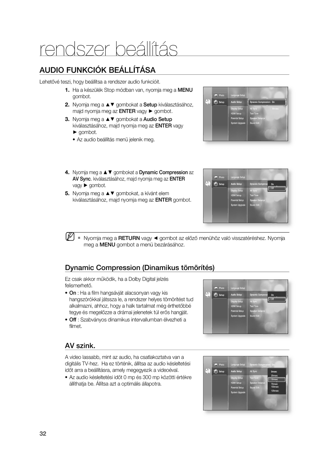 Samsung HT-BD2ER/EDC, HT-BD2ER/XET manual Audio FUNKCIóK BEÁLLíTÁSA, Dynamic Compression Dinamikus tömörítés, AV szink 