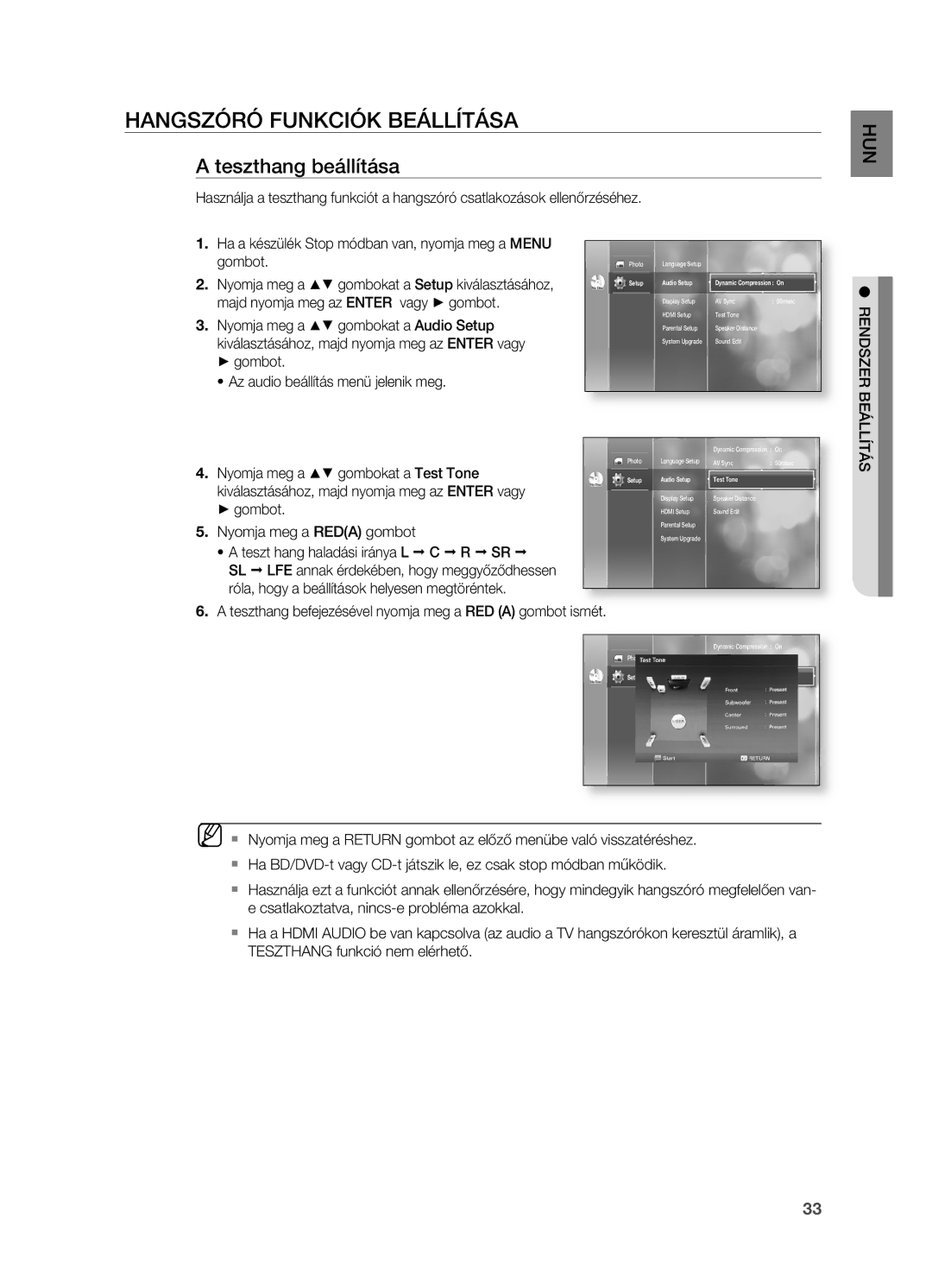 Samsung HT-BD2ER/XET, HT-BD2ER/XEE HANGSZóRó FUNKCIóK BEÁLLíTÁSA, Teszthang beállítása, Photo, Test Tone, Speaker Setup 
