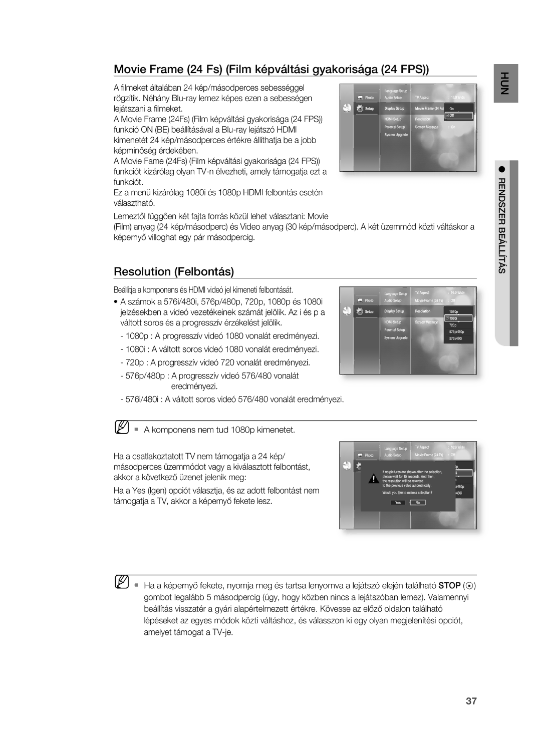 Samsung HT-BD2ER/XEE, HT-BD2ER/XET, HT-BD2ER/EDC Movie Frame 24 Fs Film képváltási gyakorisága 24 FPS, Resolution Felbontás 