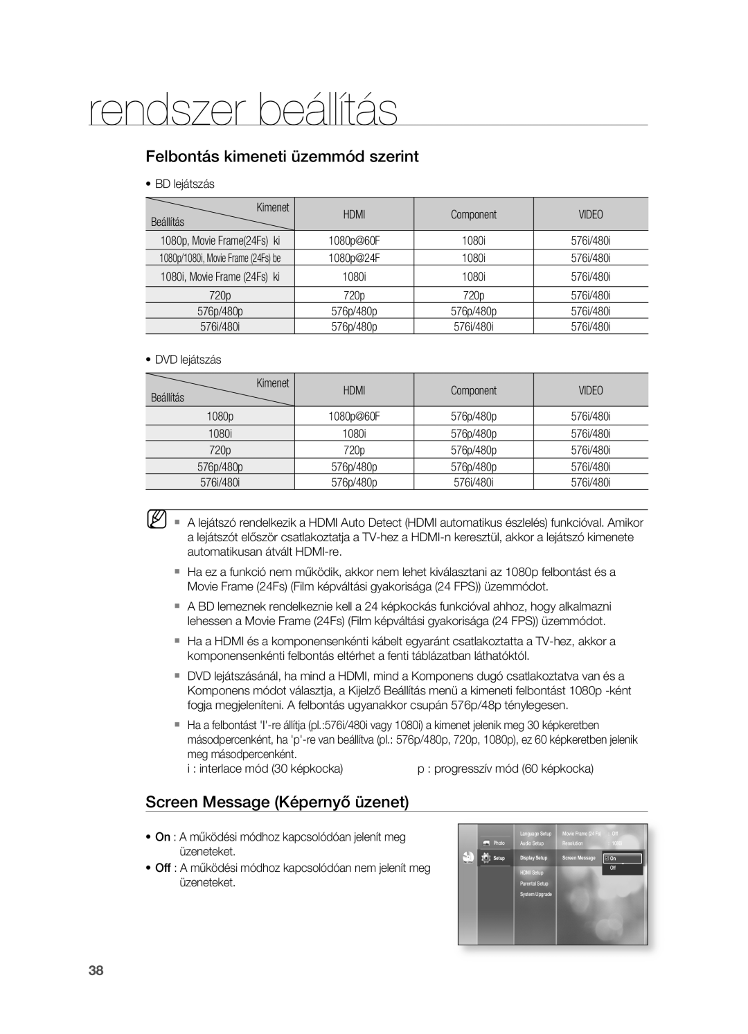 Samsung HT-BD2ER/EDC, HT-BD2ER/XET, HT-BD2ER/XEE Felbontás kimeneti üzemmód szerint, Screen Message Képernyő üzenet, Video 