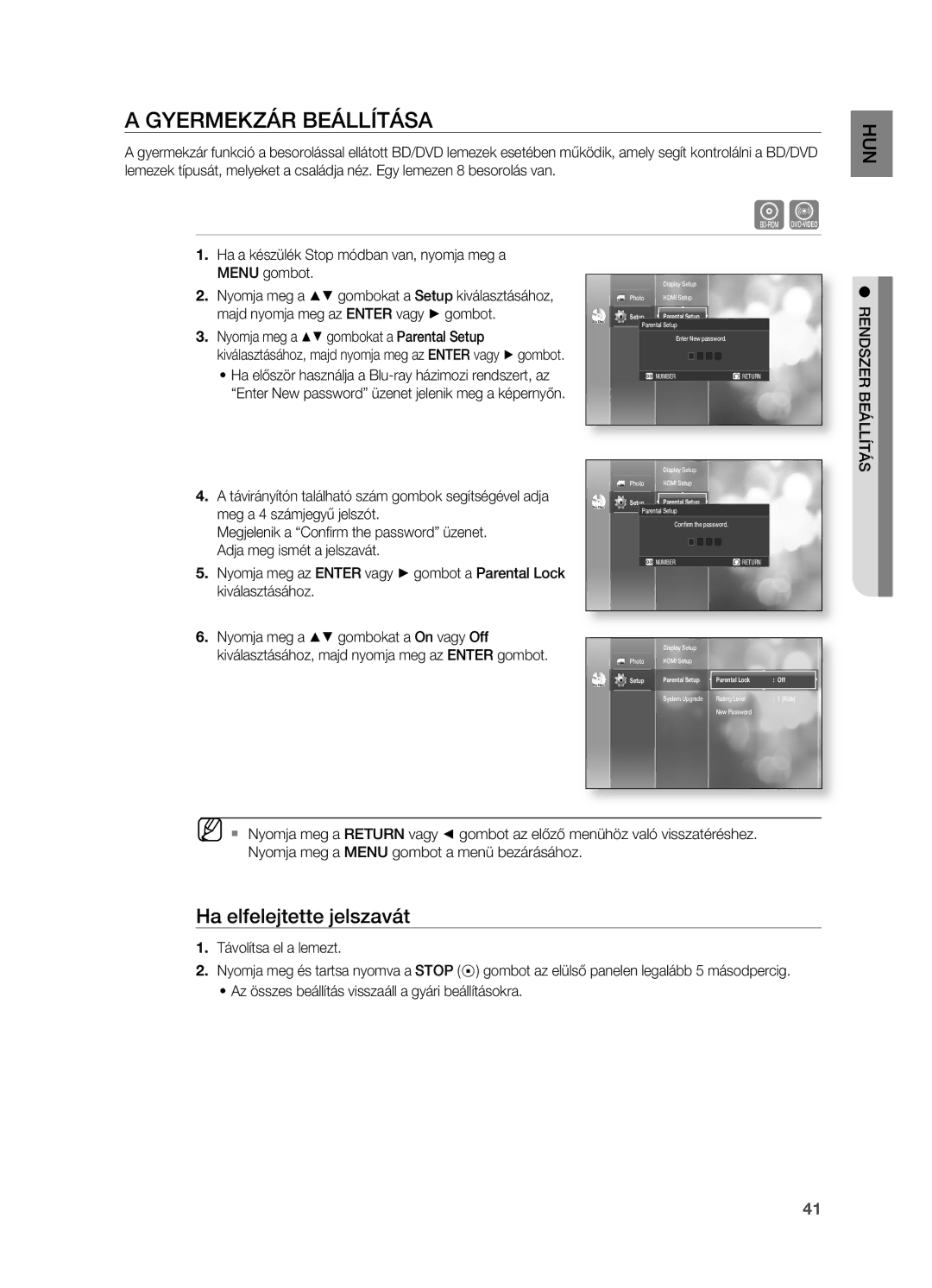 Samsung HT-BD2ER/EDC, HT-BD2ER/XET Gyermekzár BEÁLLíTÁSA, Ha elfelejtette jelszavát, Parental Setup Parental Lock Off 