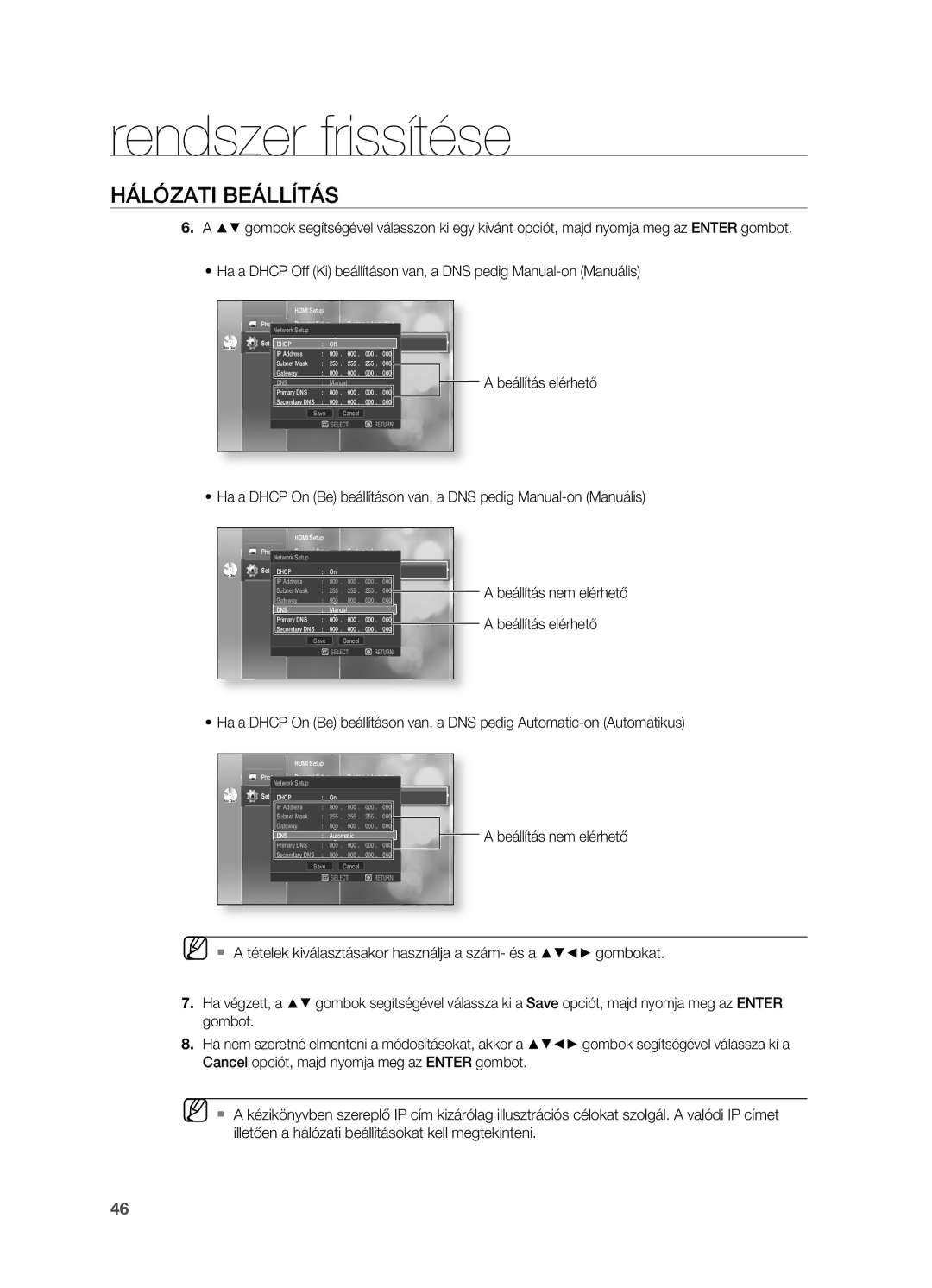 Samsung HT-BD2ER/XEE, HT-BD2ER/XET, HT-BD2ER/EDC manual Beállítás nem elérhető a beállítás elérhető 