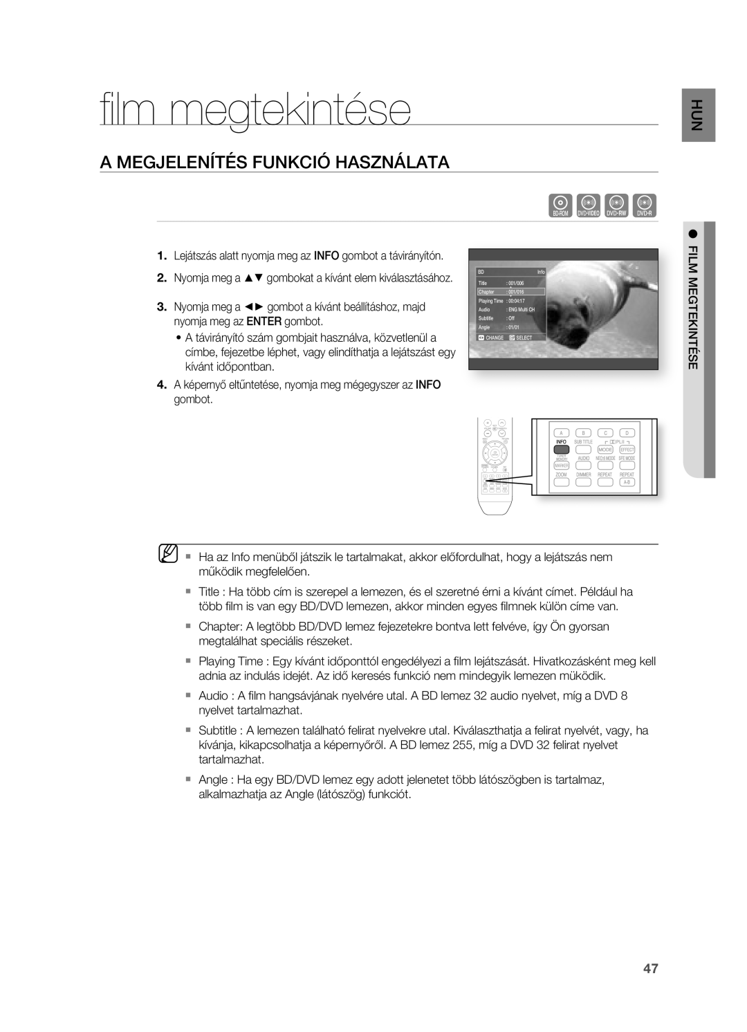 Samsung HT-BD2ER/EDC, HT-BD2ER/XET, HT-BD2ER/XEE manual Lm megtekintése, MEGJELENíTÉS FUNKCIó Használata, Film Megtekintése 