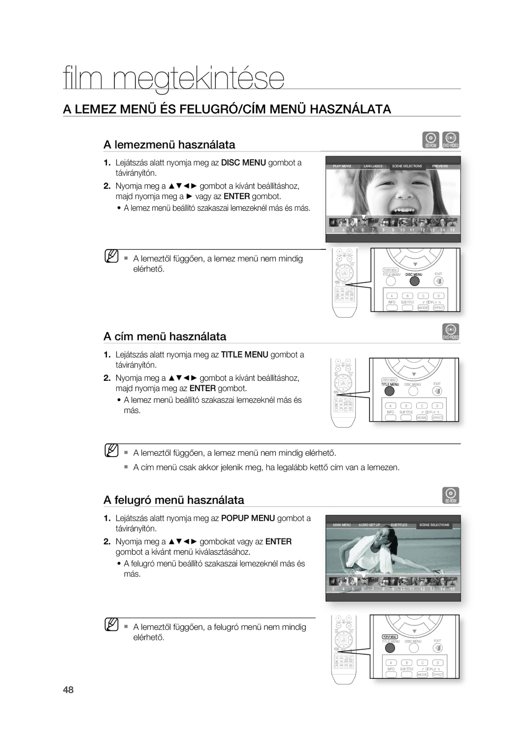 Samsung HT-BD2ER/XET, HT-BD2ER/XEE Lemez Menü ÉS FELUGRó/CíM Menü Használata, Lemezmenü használata, Cím menü használata 