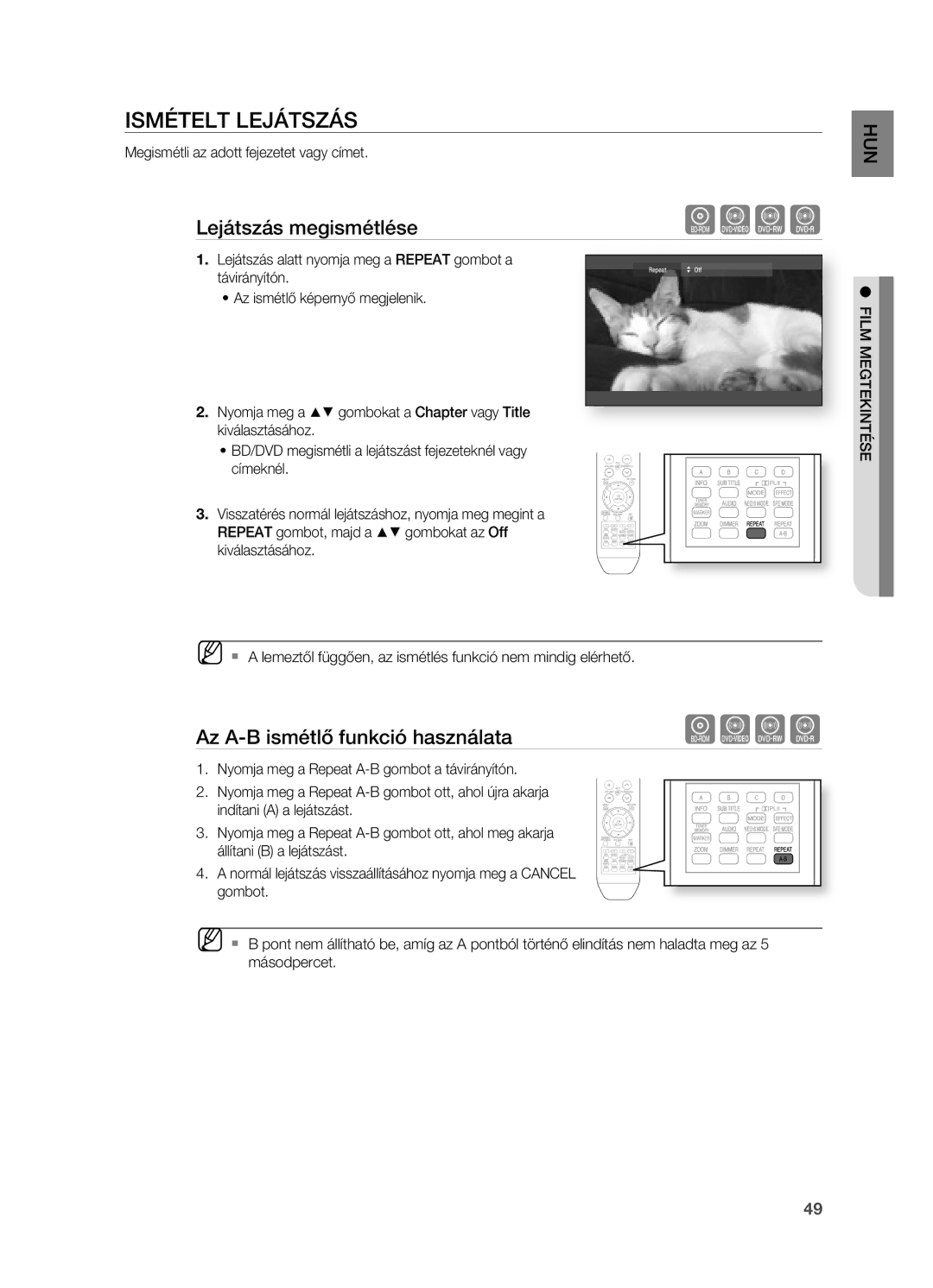 Samsung HT-BD2ER/XEE manual Ismételt Lejátszás, Lejátszás megismétlése, Az A-B ismétlő funkció használata, Távirányítón 