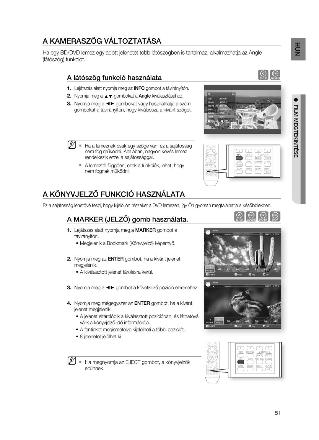 Samsung HT-BD2ER/XET, HT-BD2ER/XEE KAMERASZöG Változtatása, KöNYVJELZő FUNKCIó Használata, Látószög funkció használata 