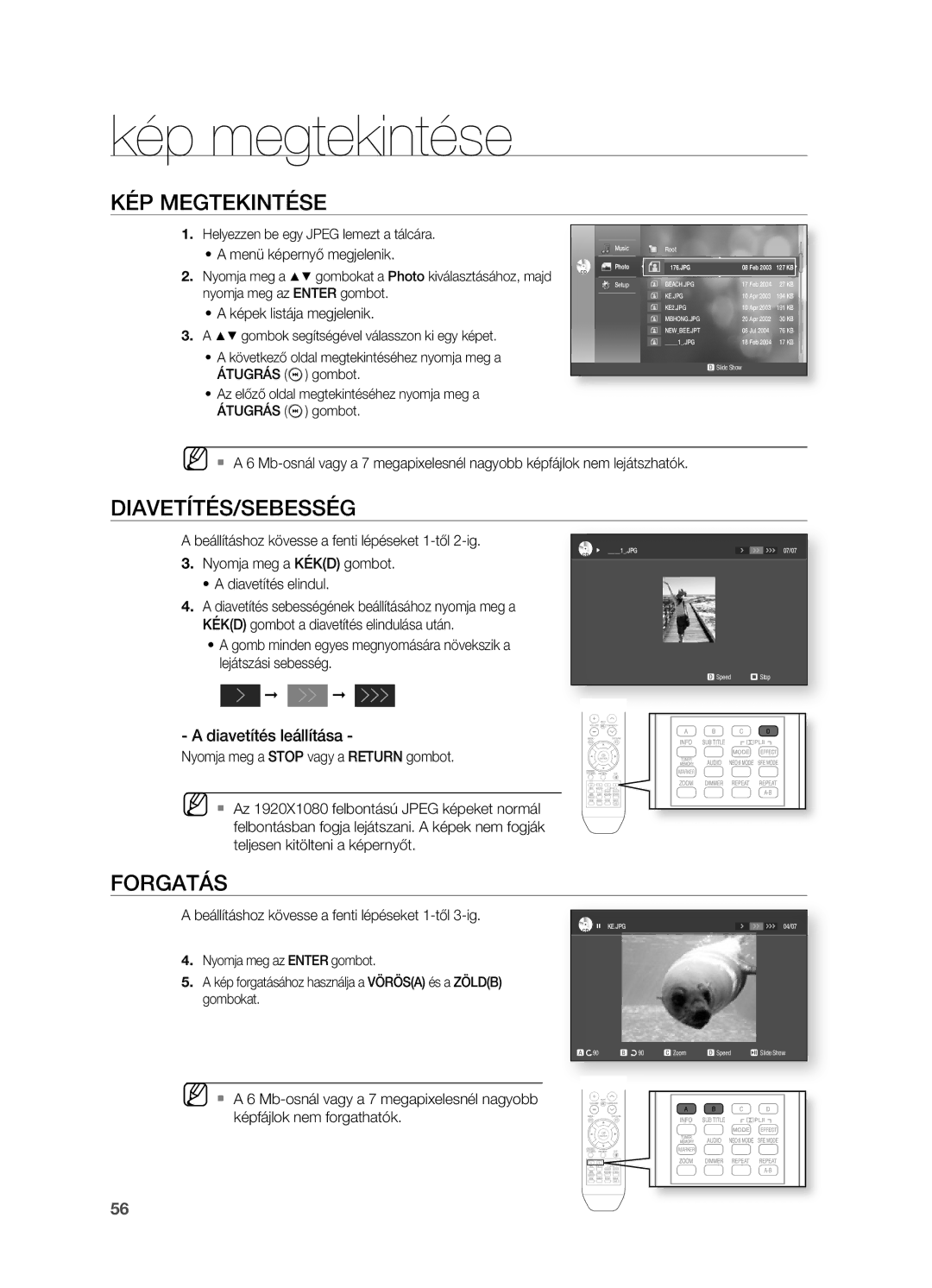 Samsung HT-BD2ER/EDC manual Kép megtekintése, KÉP Megtekintése, DIAVETíTÉS/SEBESSÉG, Forgatás, Diavetítés leállítása 