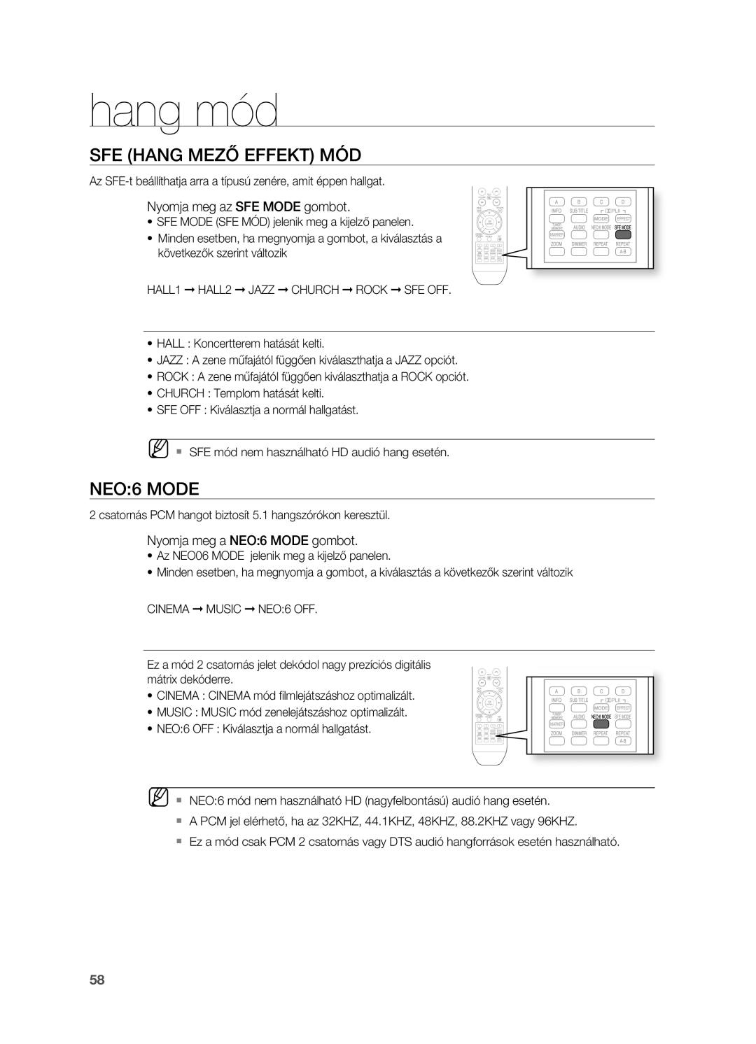 Samsung HT-BD2ER/XEE, HT-BD2ER/XET manual Hang mód, SFE Hang MEZő Effekt MóD, NEO6 Mode, Nyomja meg az SFE Mode gombot 