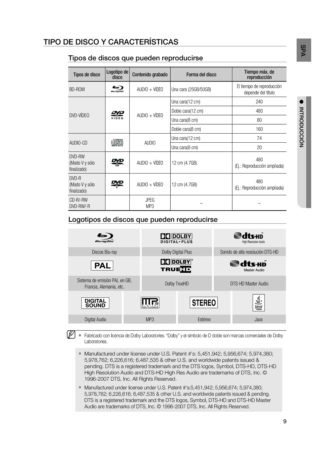 Samsung HT-BD2ER/XET manual Tipo de disco y características, Tipos de discos que pueden reproducirse 