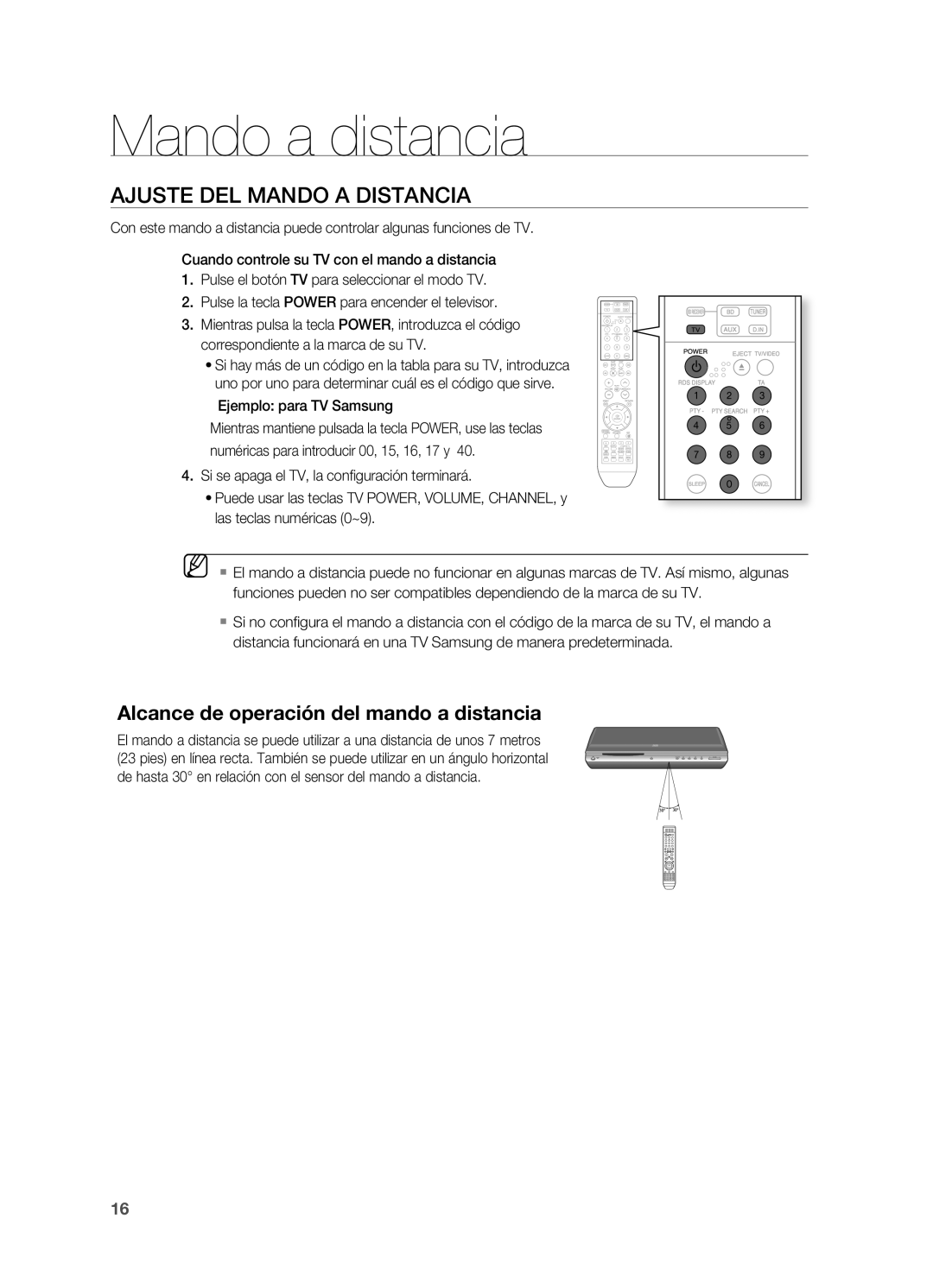 Samsung HT-BD2ER/XET manual Ajuste DEL MAnDO a DISTAnCIA, Ejemplo para Tv Samsung 