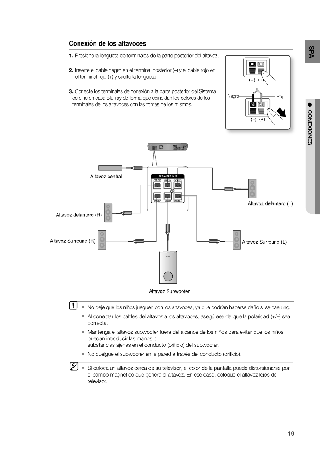 Samsung HT-BD2ER/XET manual Conexión de los altavoces, El terminal rojo + y suelte la lengüeta 