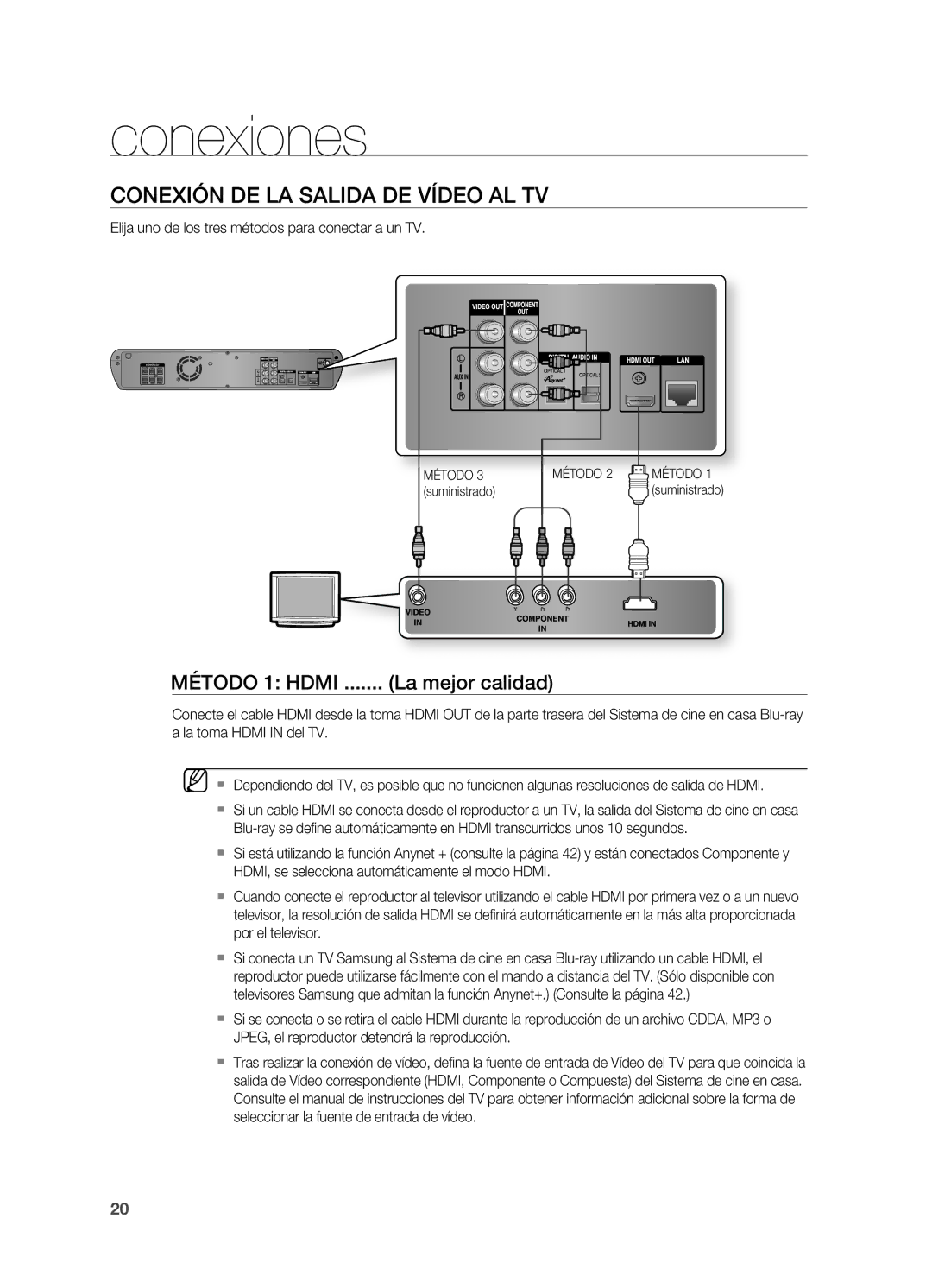 Samsung HT-BD2ER/XET manual Conexiones, Conexión DE LA Salida DE Vídeo AL TV, La mejor calidad 