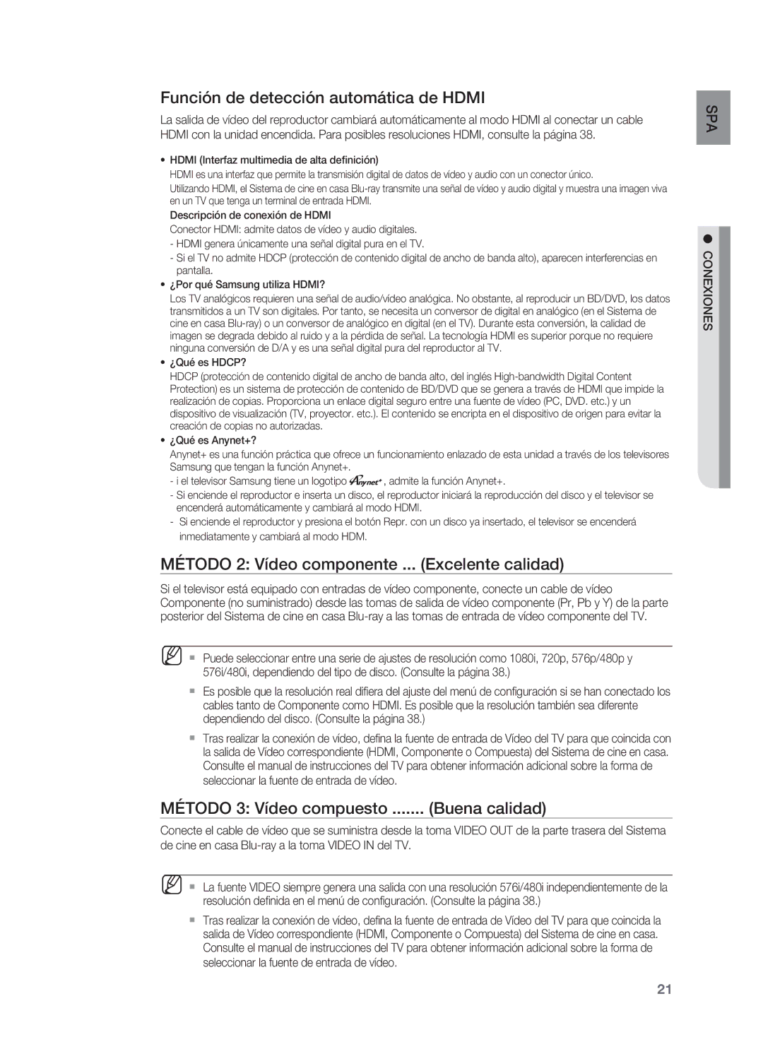 Samsung HT-BD2ER/XET manual Función de detección automática de Hdmi, Método 2 Vídeo componente ... Excelente calidad 