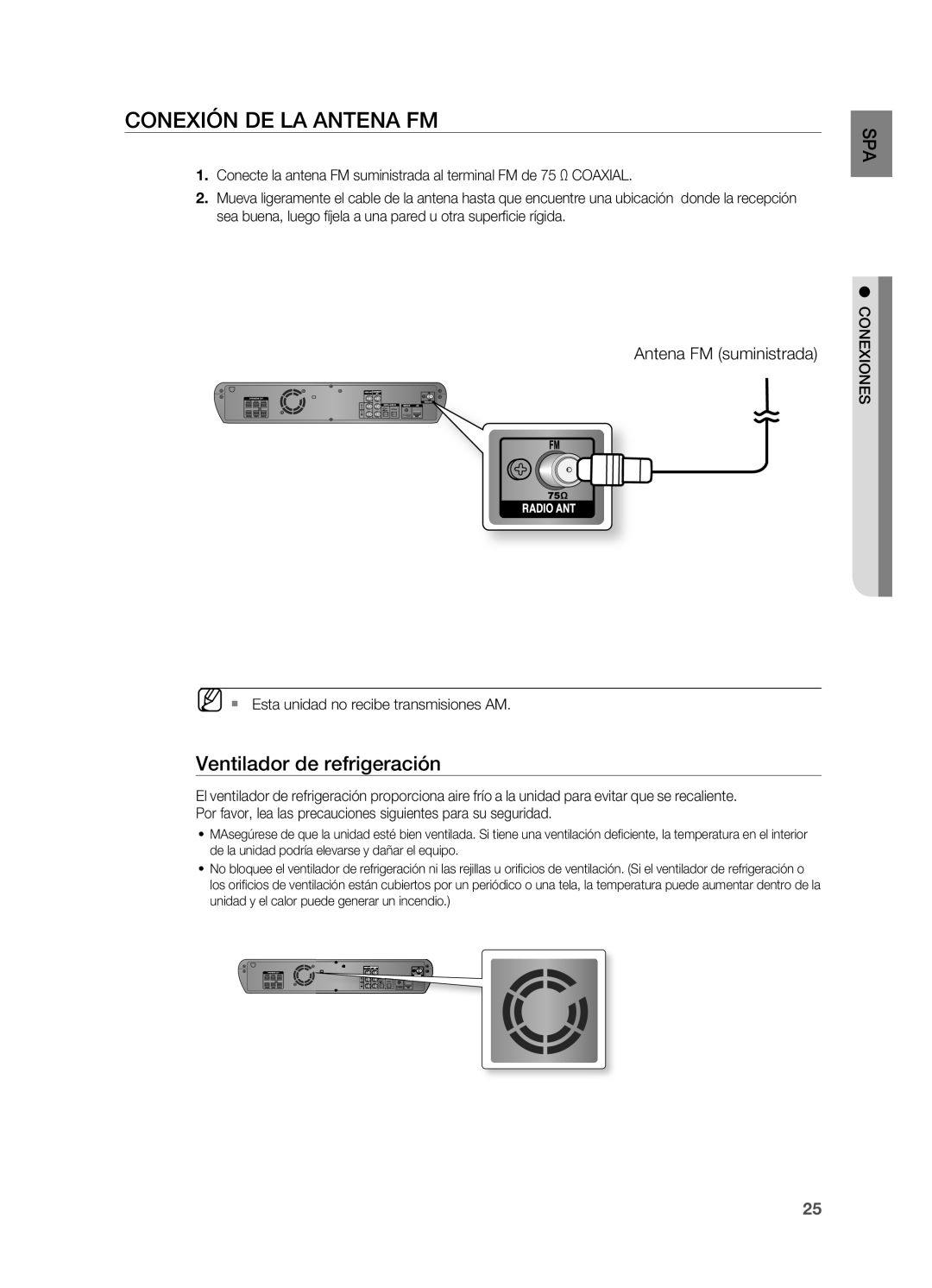 Samsung HT-BD2ER/XET manual Conexión de la antena FM, Ventilador de refrigeración, Antena FM suministrada, Spa 