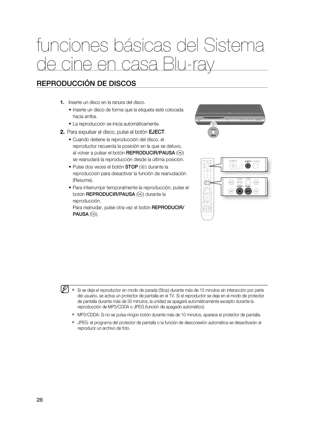 Samsung HT-BD2ER/XET manual REPRODUCCIÓn DE Discos, . Para expulsar el disco, pulse el botón Eject 