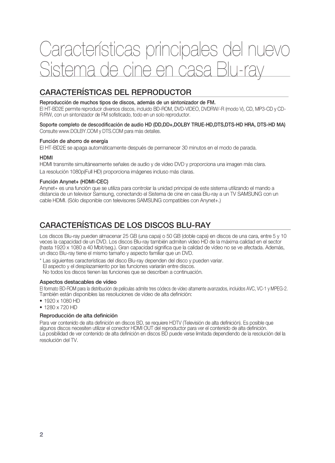 Samsung HT-BD2ER/XET manual Características DEL Reproductor, Características DE LOS Discos BLU-RAY, Hdmi 