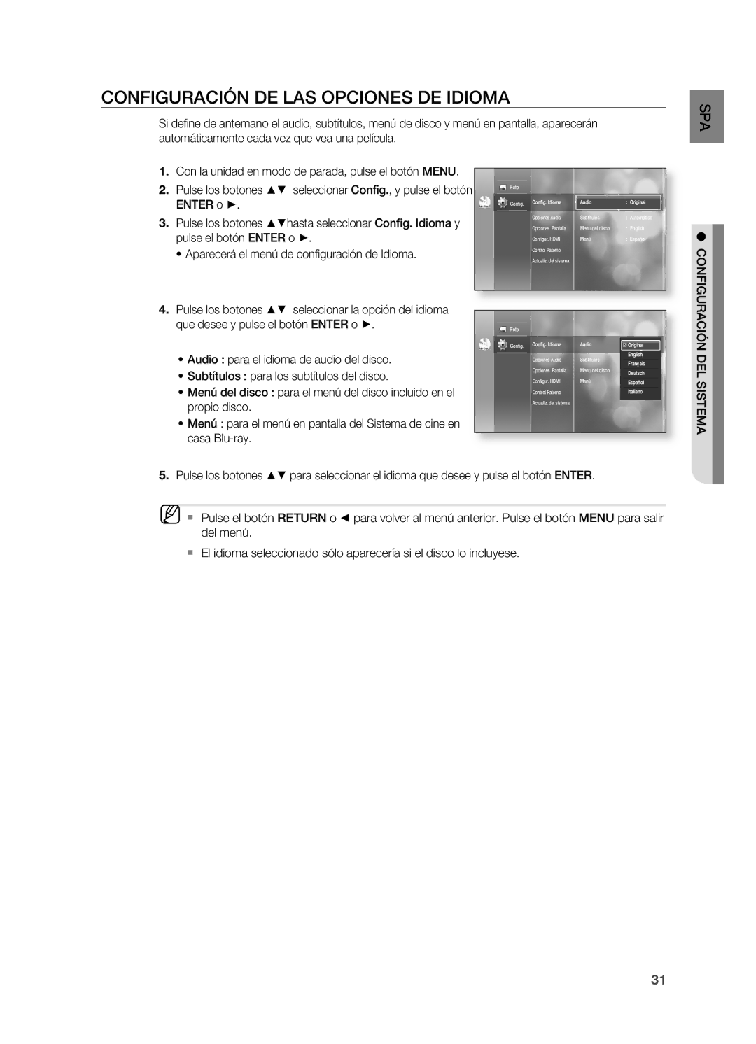 Samsung HT-BD2ER/XET manual COnFIGURACIÓn DE LAS OPCIOnES DE Idioma, DEL Sistema 