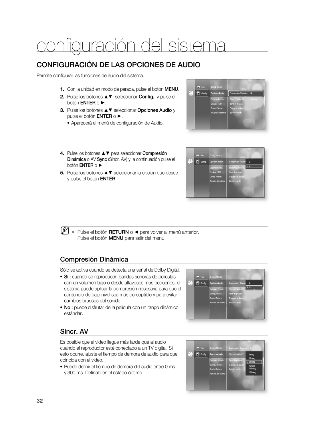 Samsung HT-BD2ER/XET manual Confi guración del sistema, COnFIGURACIÓn DE LAS OPCIOnES DE Audio, Sincr. Av 