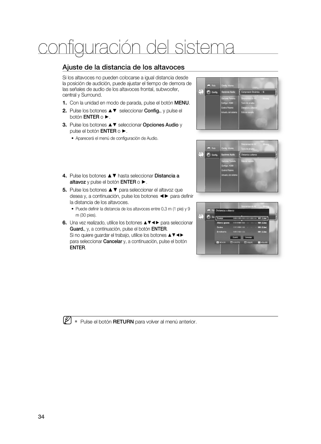 Samsung HT-BD2ER/XET Ajuste de la distancia de los altavoces,  Pulse el botón RETURn para volver al menú anterior, Conﬁg 