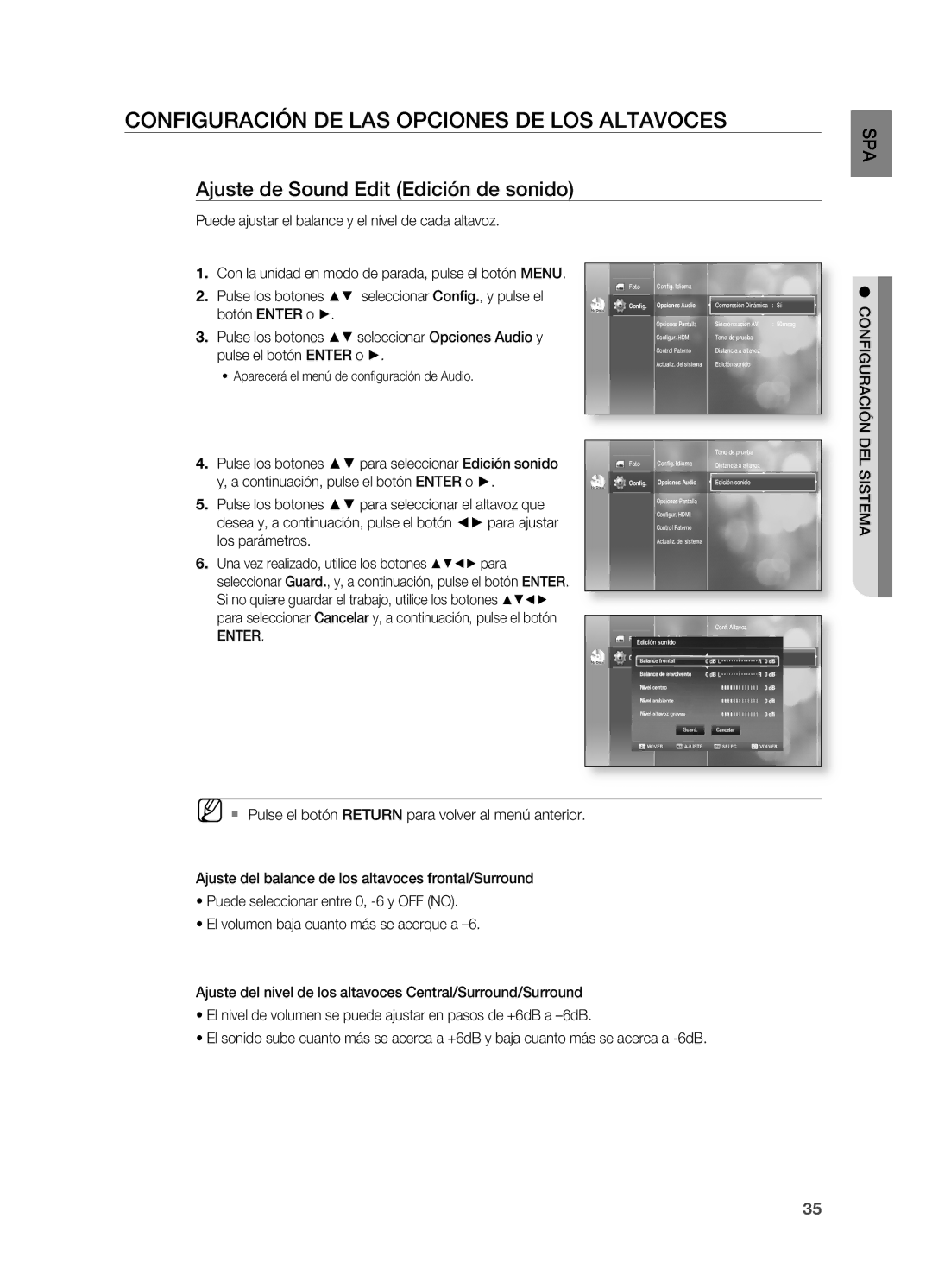 Samsung HT-BD2ER/XET manual Ajuste de Sound Edit Edición de sonido, Puede ajustar el balance y el nivel de cada altavoz 