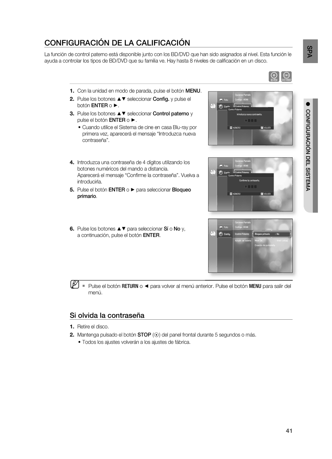 Samsung HT-BD2ER/XET manual COnFIGURACIÓn DE LA CALIFICACIÓn, Si olvida la contraseña, Continuación, pulse el botón EnTER 