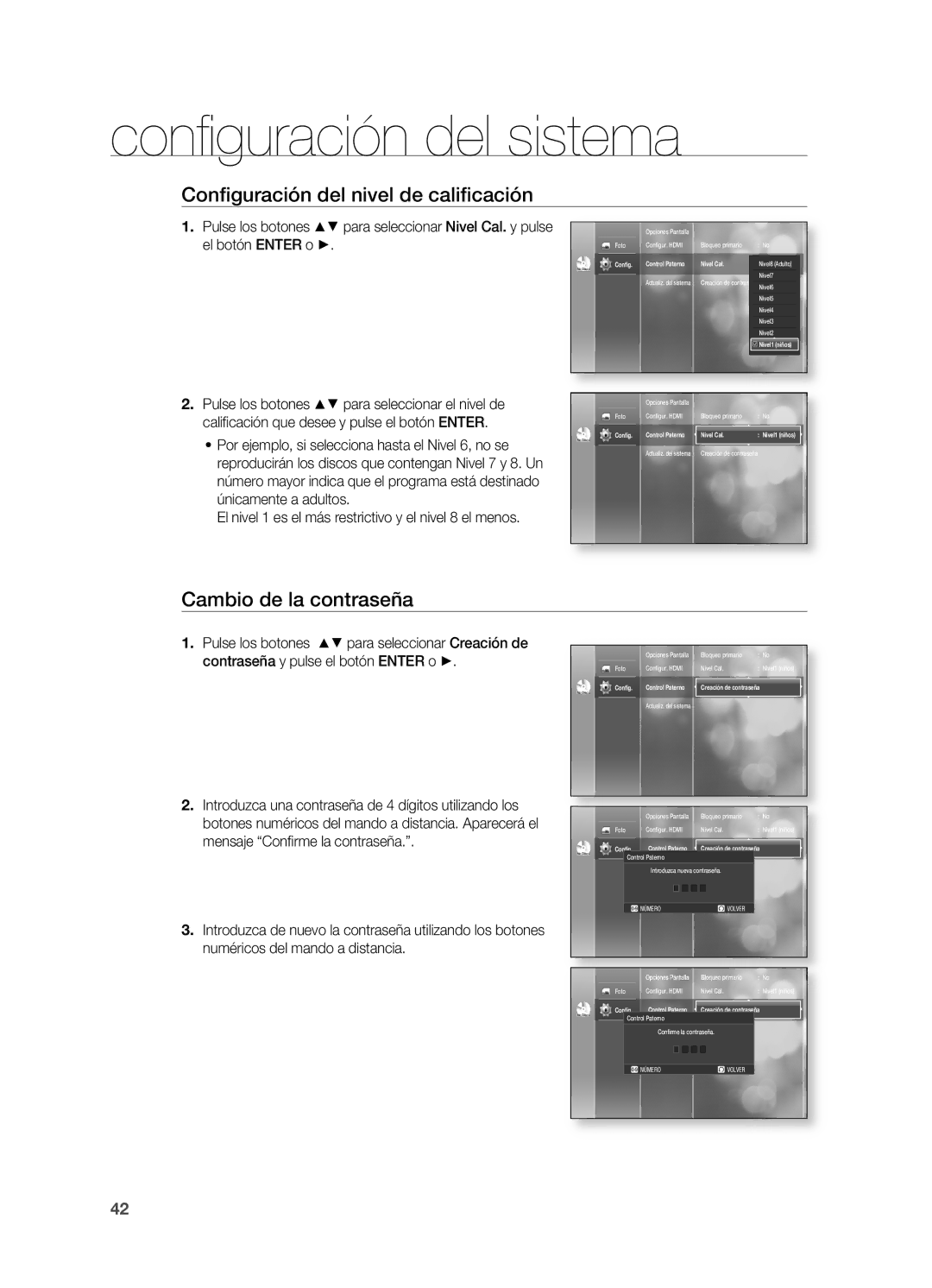 Samsung HT-BD2ER/XET manual Configuración del nivel de calificación, Cambio de la contraseña 