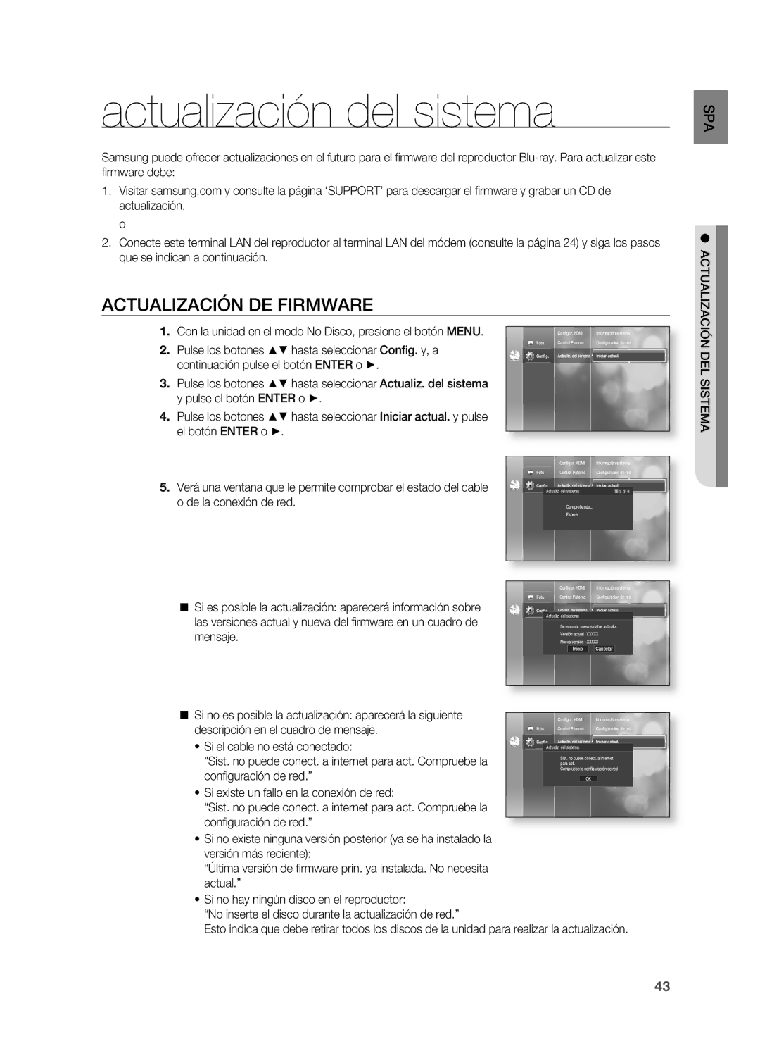 Samsung HT-BD2ER/XET manual Actualización del sistema, ACTUALIzACIÓn DE Firmware 